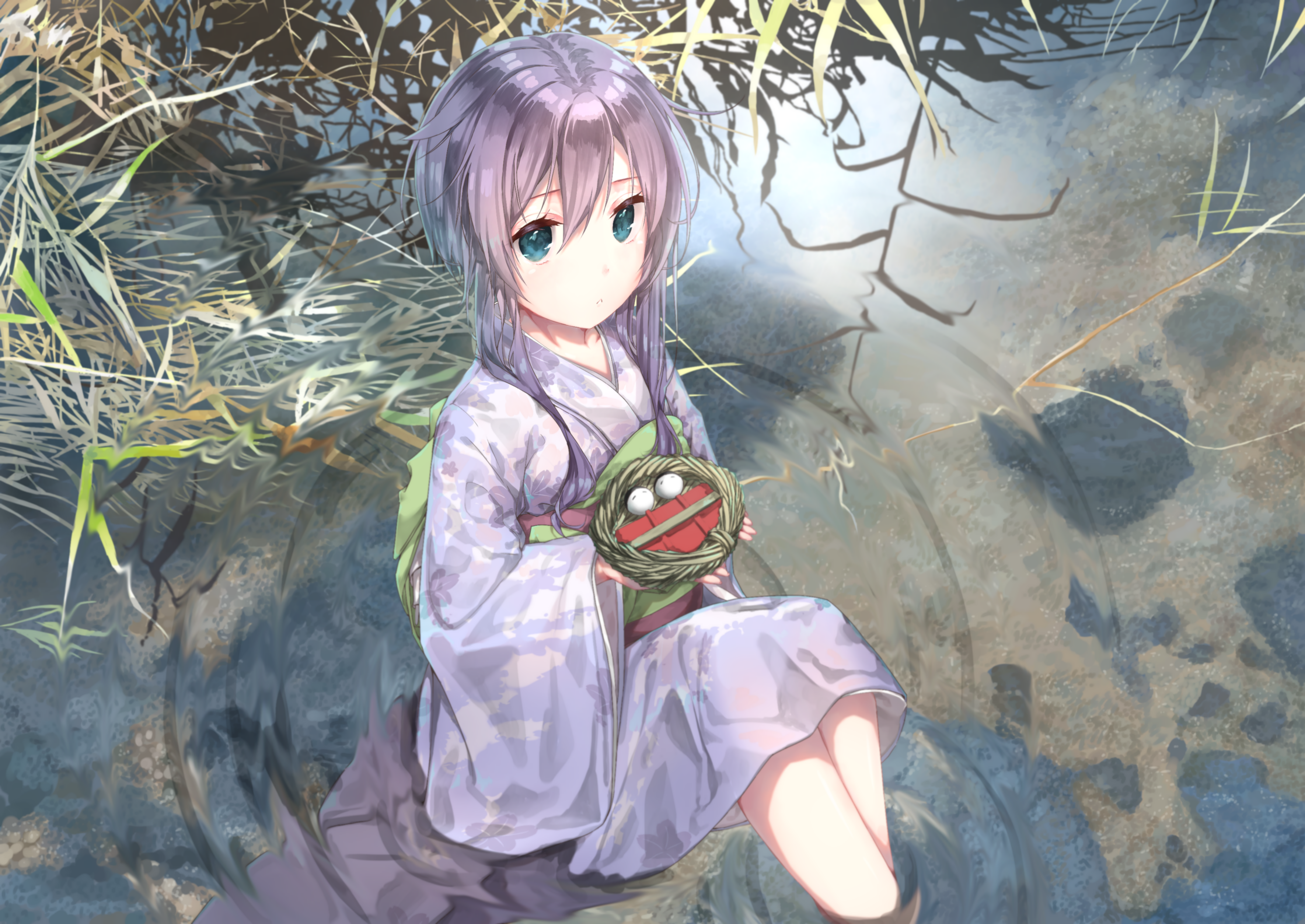 Anime girl in kimono holding a nest with creatures HD Wallpaper