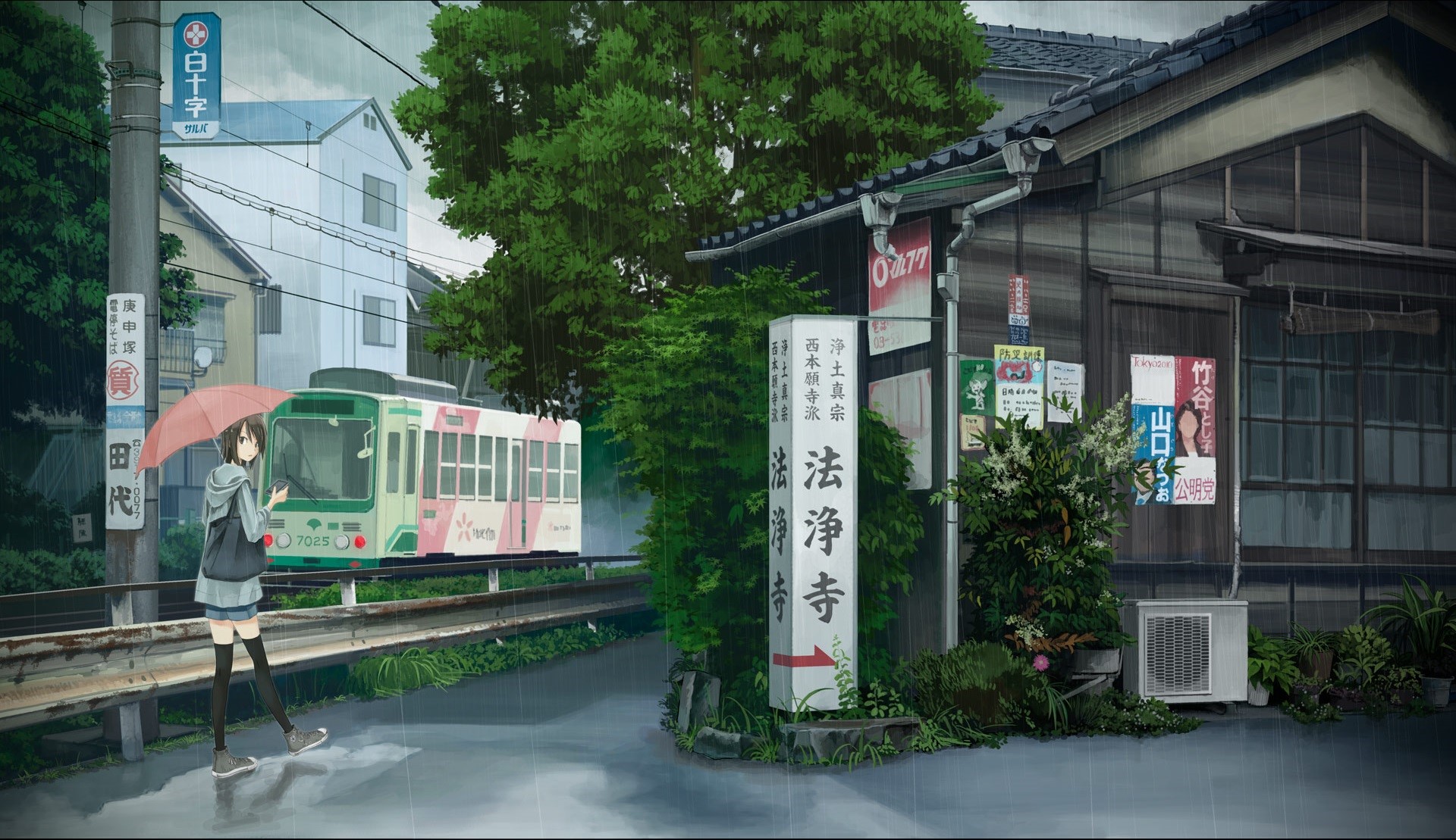 Anime girl with umbrella in the rain near a tram HD Wallpaper