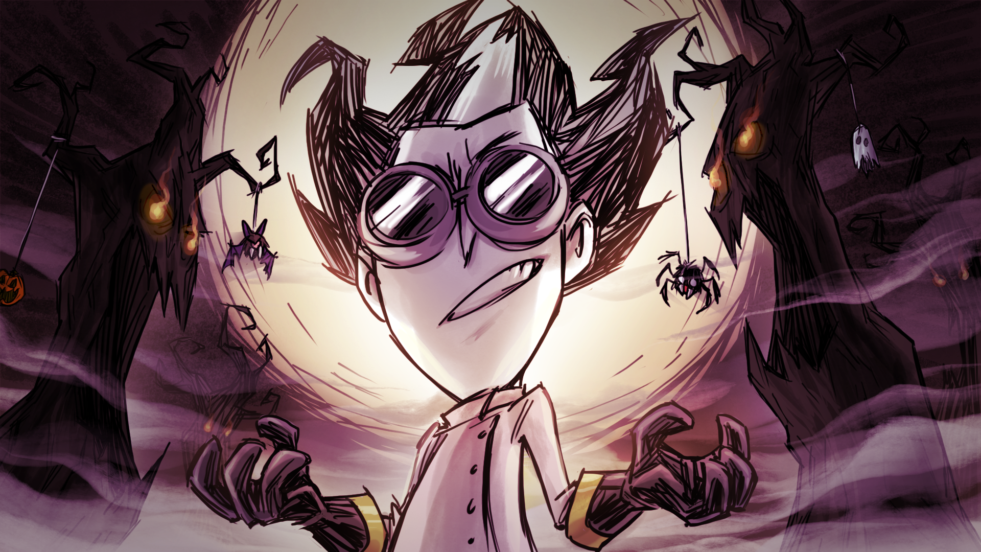 Wilson from Don't Starve with spooky trees and a moon HD Wallpaper