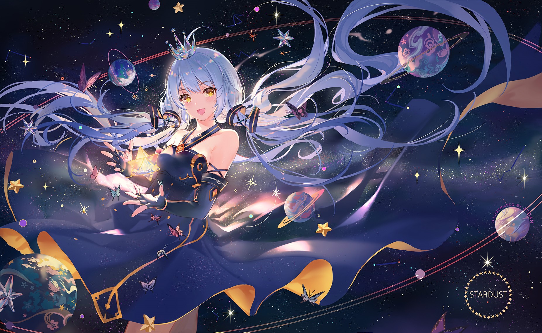 Stardust (Vocaloid) anime girl with crown and blue dress in space HD Wallpaper