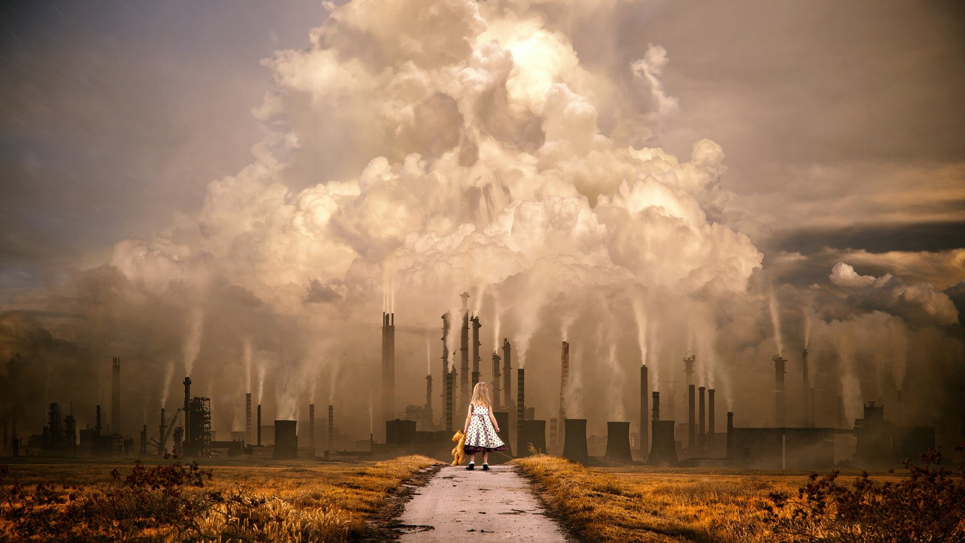 Child with teddy bear facing industrial pollution HD Wallpaper