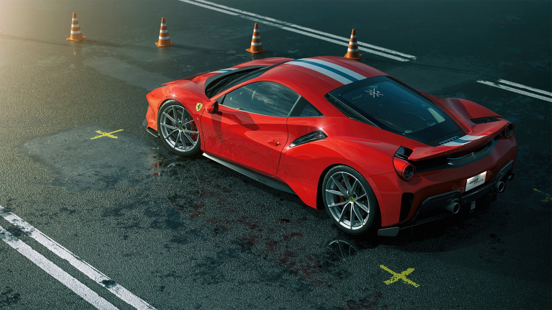 Red Ferrari 488 on wet asphalt with cones HD Wallpaper