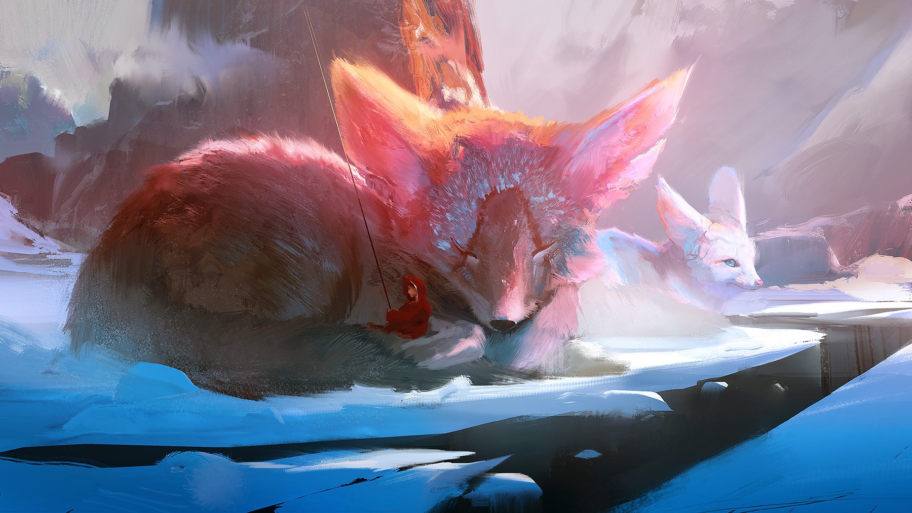 Girl fishing with giant fox in snowy mountains HD Wallpaper