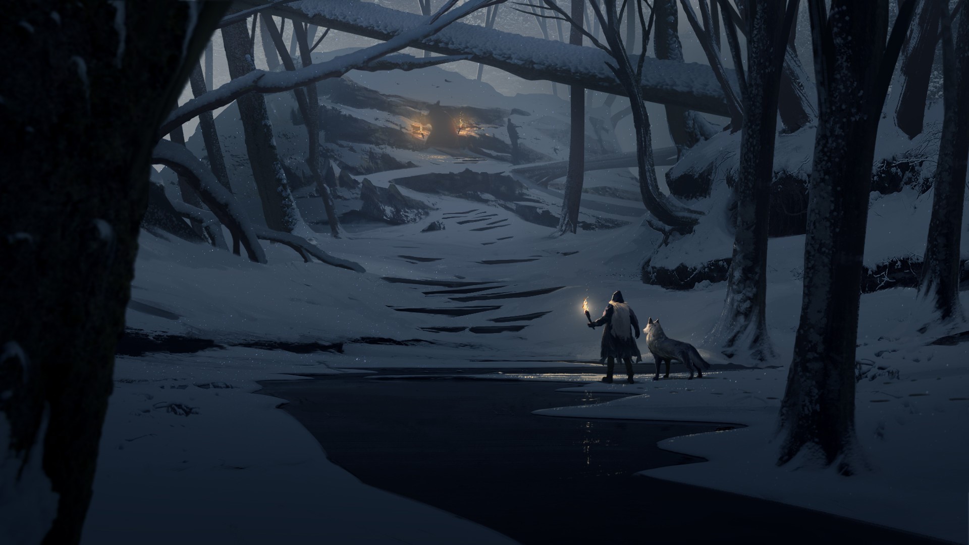 Person and wolf in a snowy forest with torches HD Wallpaper
