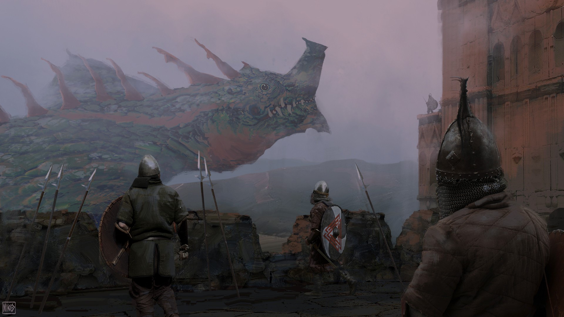 Warriors with spears and shields face a dragon near a castle HD Wallpaper