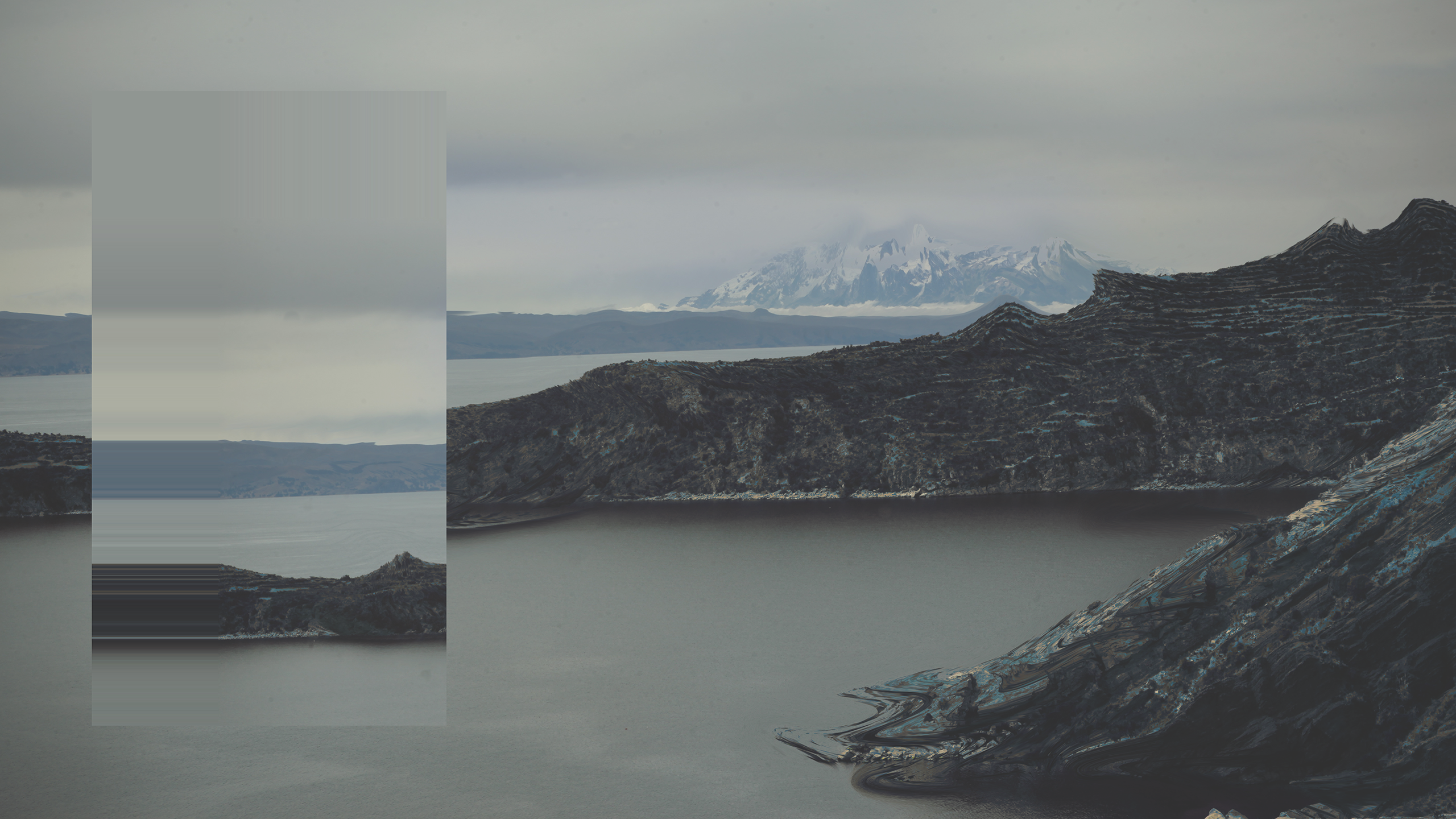 Glitch art landscape with mountains and lake HD Wallpaper