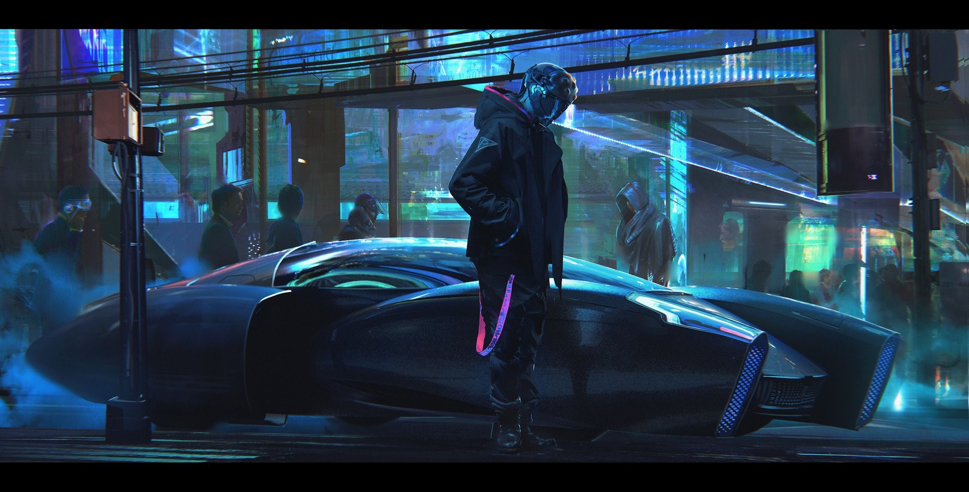 Cyberpunk character with futuristic car HD Wallpaper