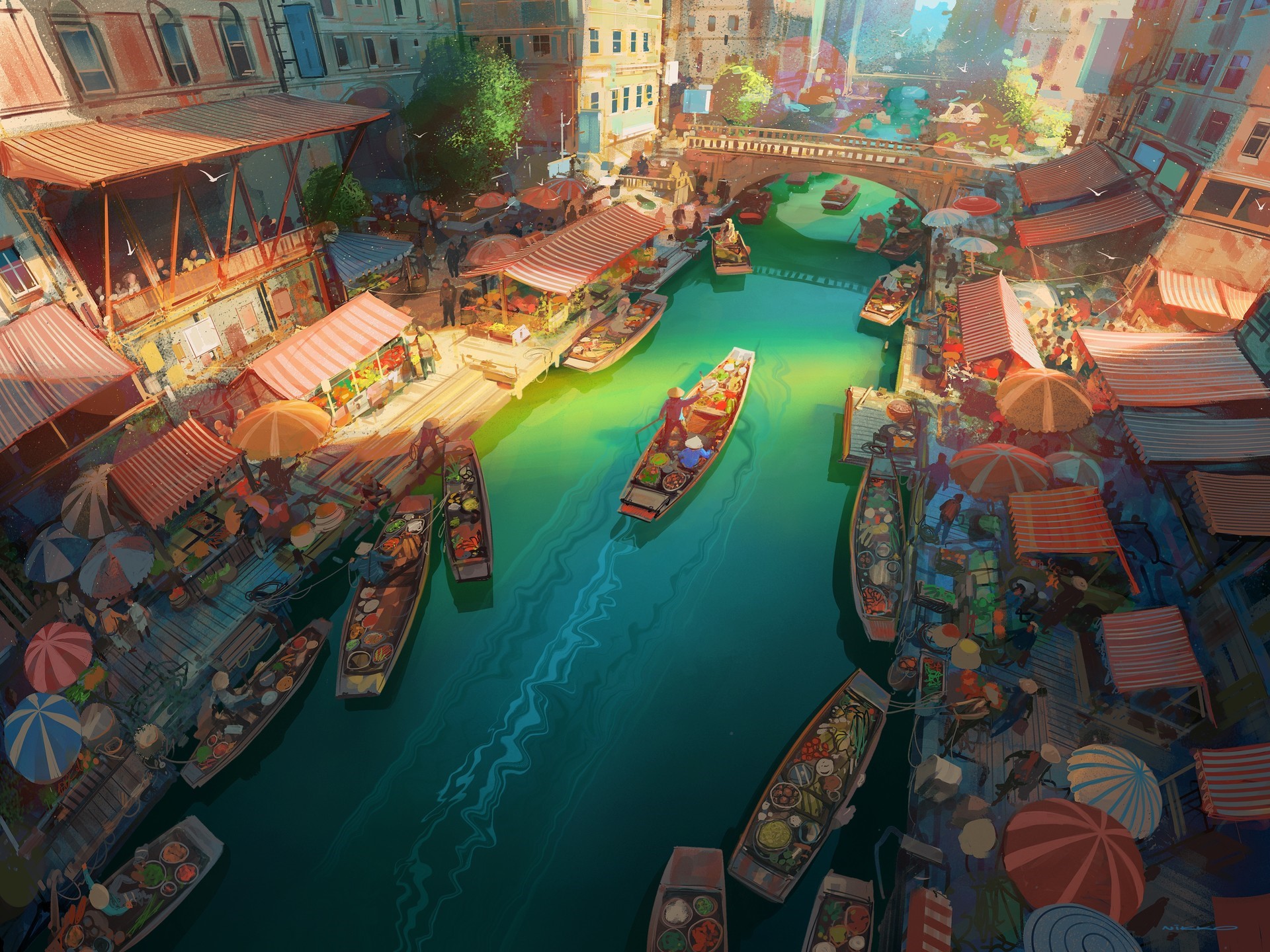 Floating Market on a Canal by Nikolai Lockertsen HD Wallpaper