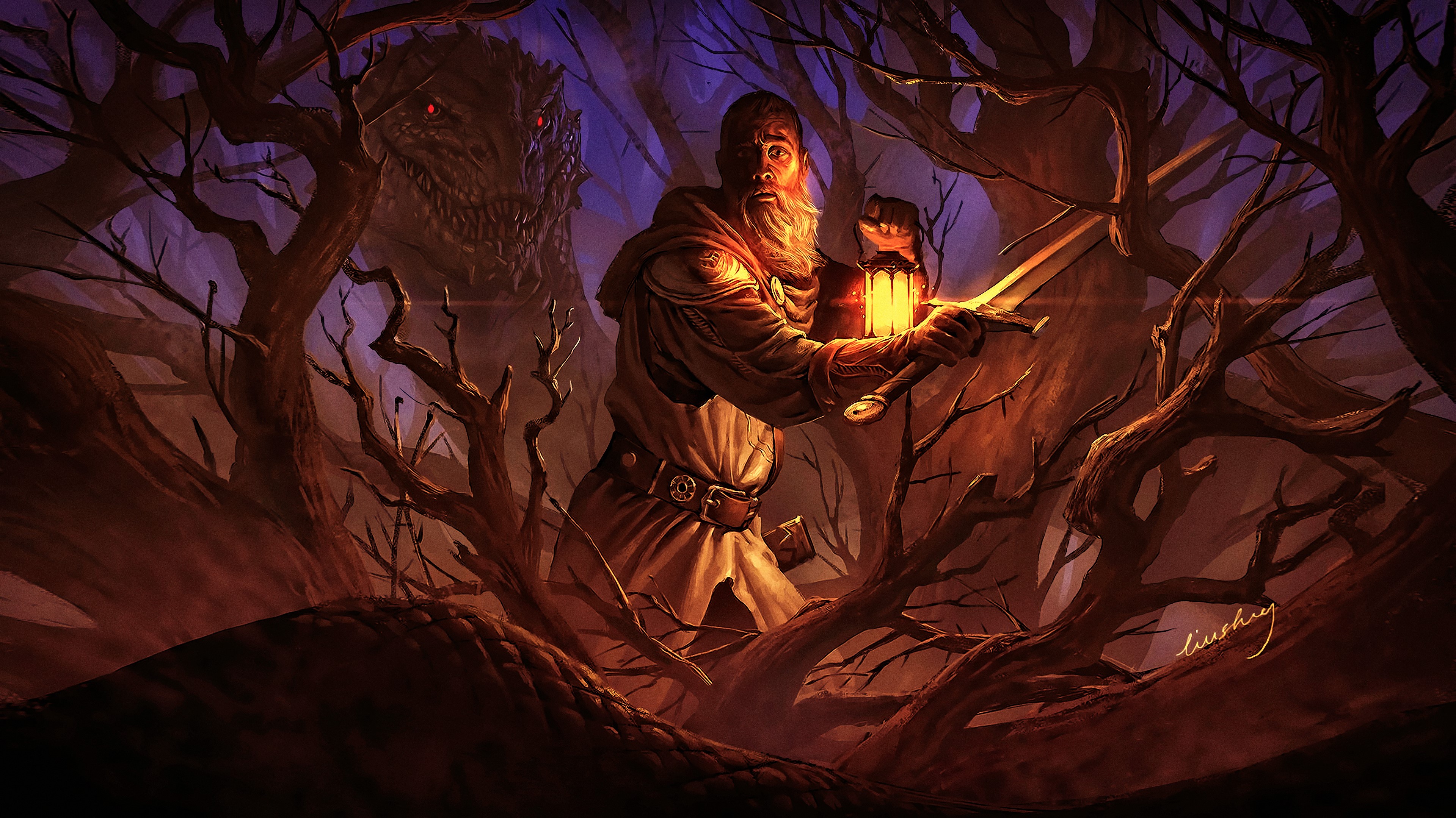 Man with lantern and sword in forest with dragon HD Wallpaper