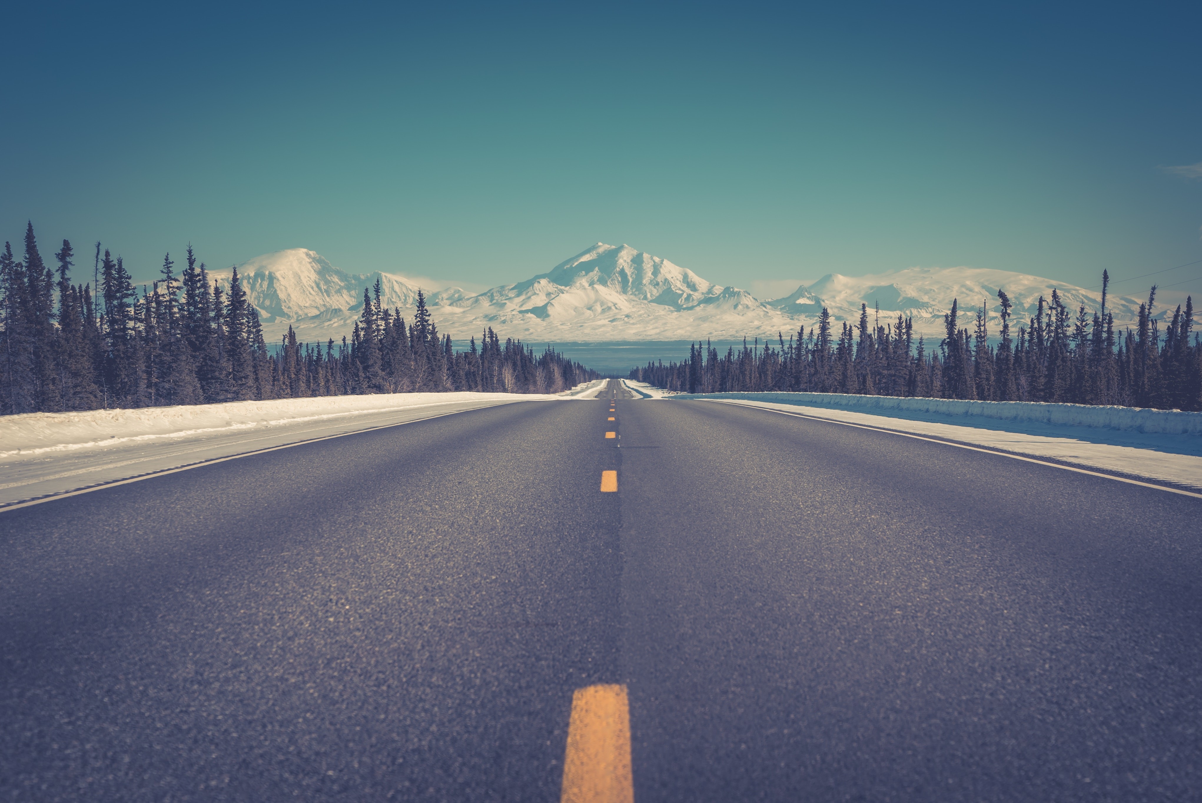 Empty road through snowy forest towards mountains in Alaska HD Wallpaper