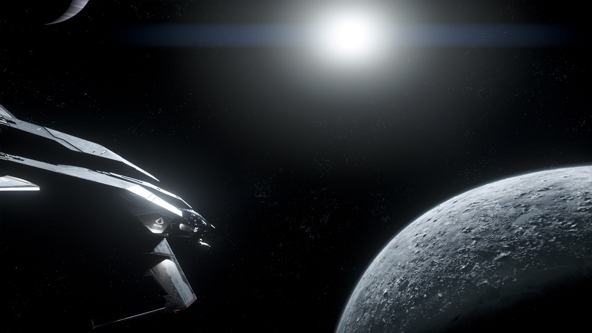 Star Citizen spaceship near a moon with a bright sun HD Wallpaper