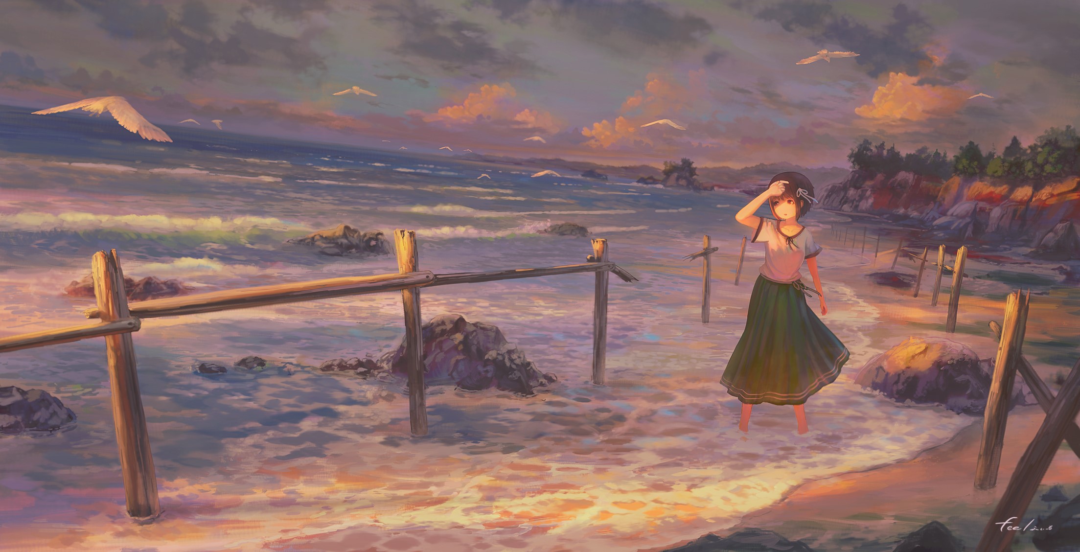 Anime girl on a beach at sunset with birds HD Wallpaper