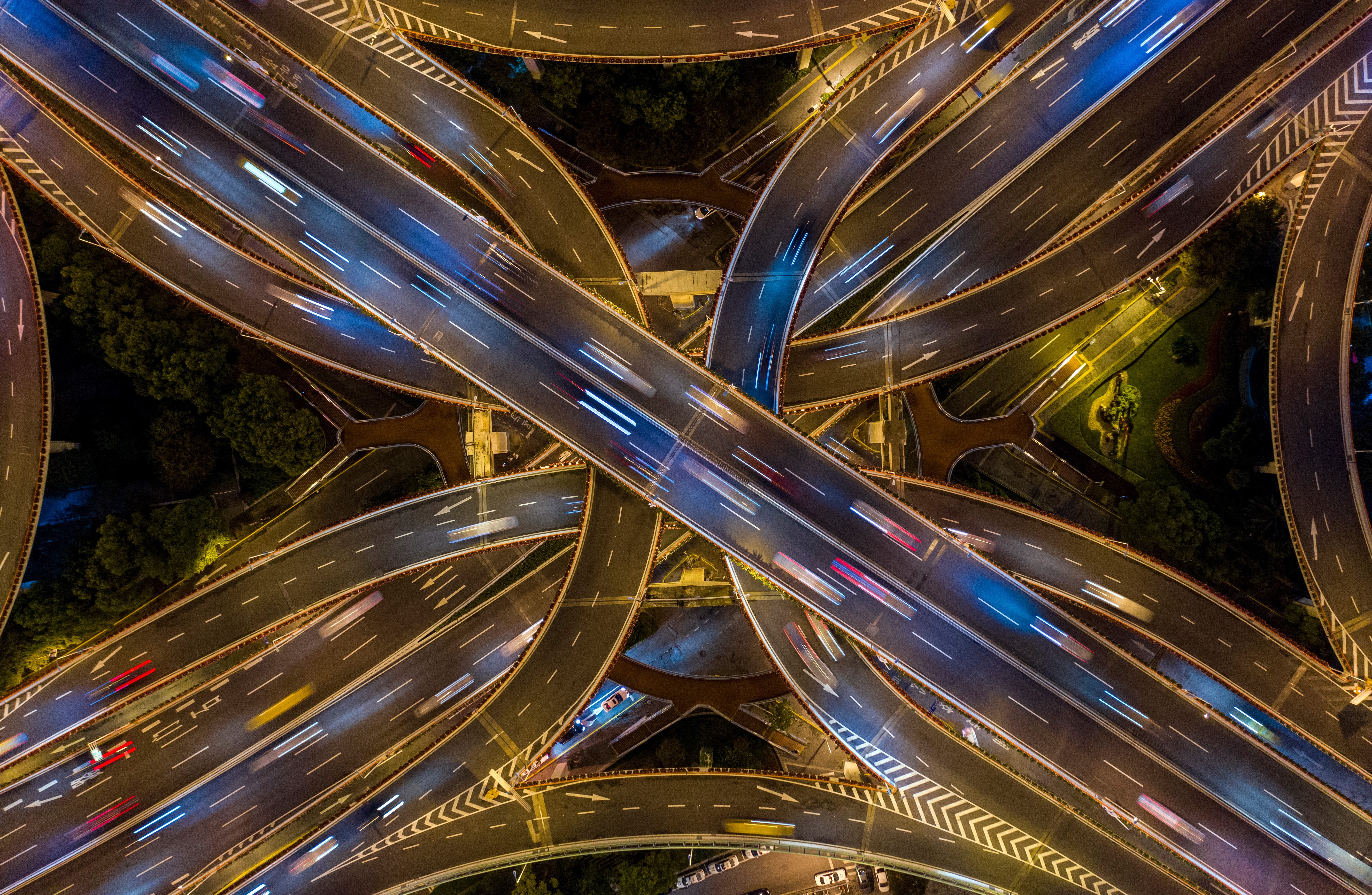 Aerial long exposure of Shanghai highway crossroads at night HD Wallpaper