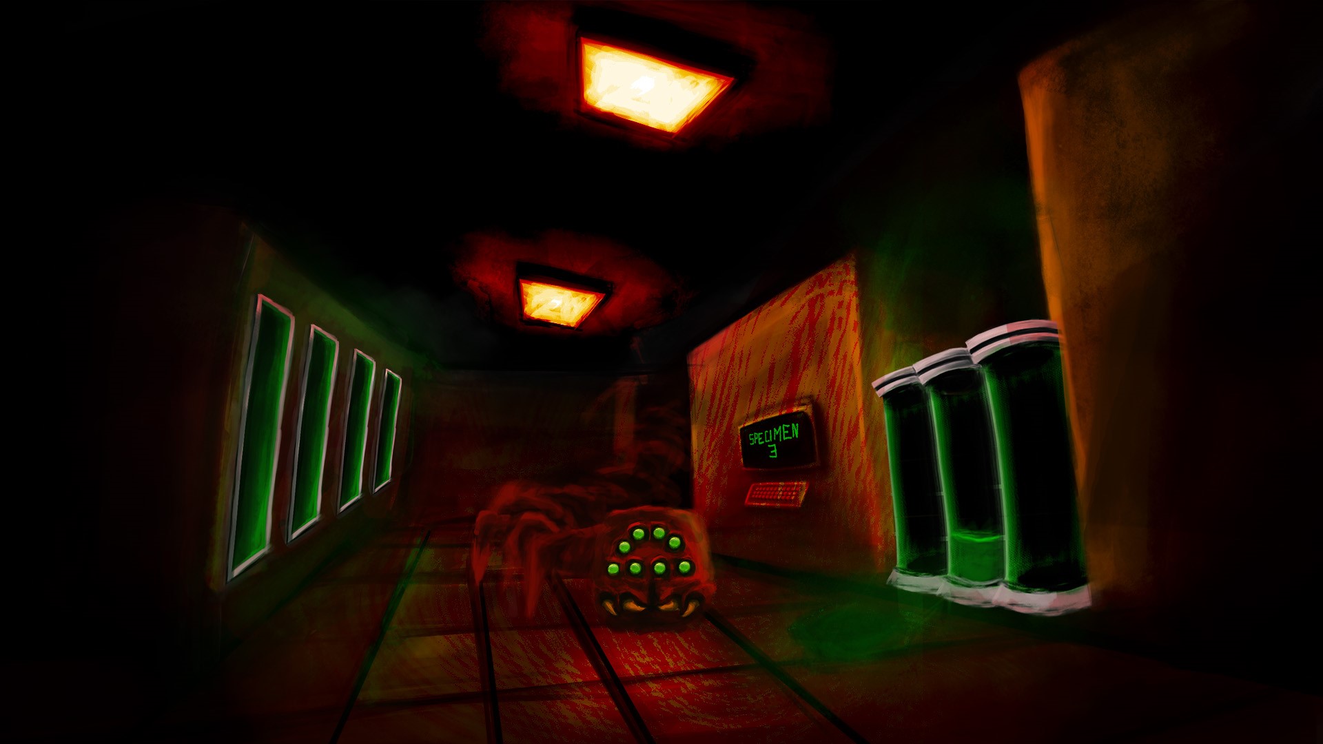 Creature in a dark laboratory with specimen jars HD Wallpaper