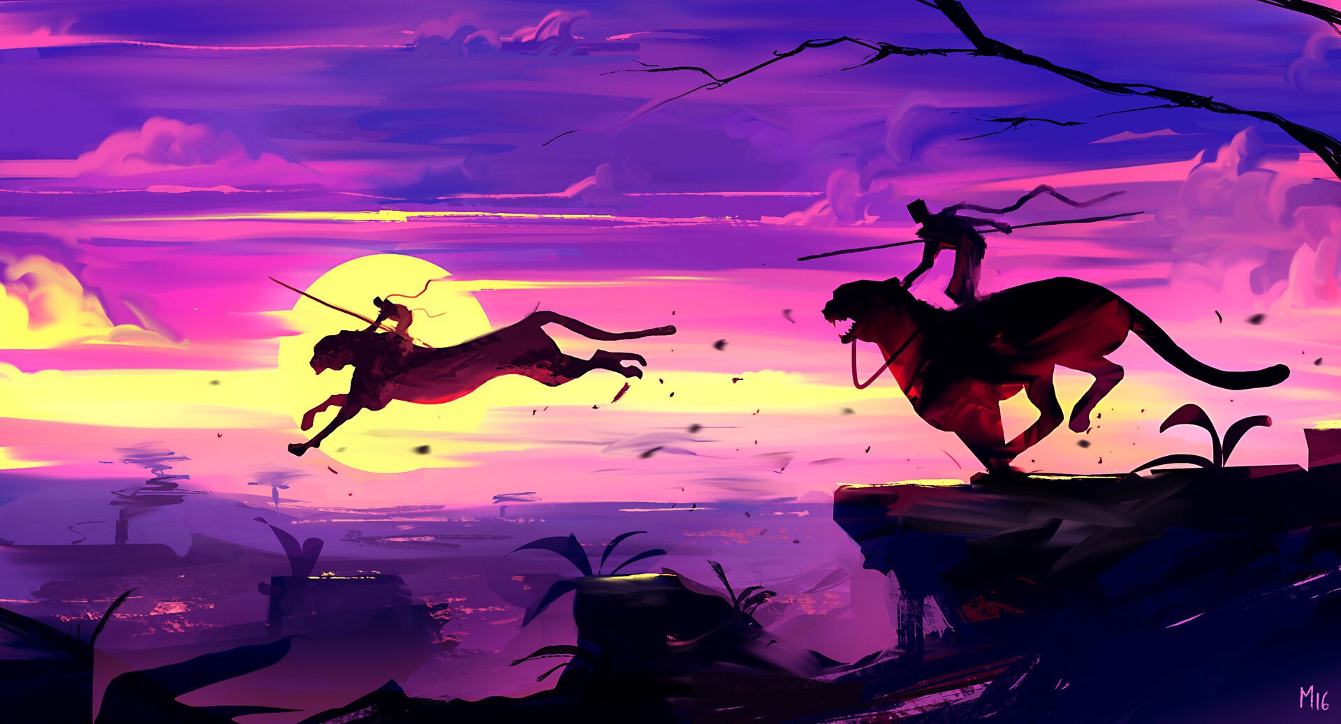 Warriors riding tigers at sunset HD Wallpaper