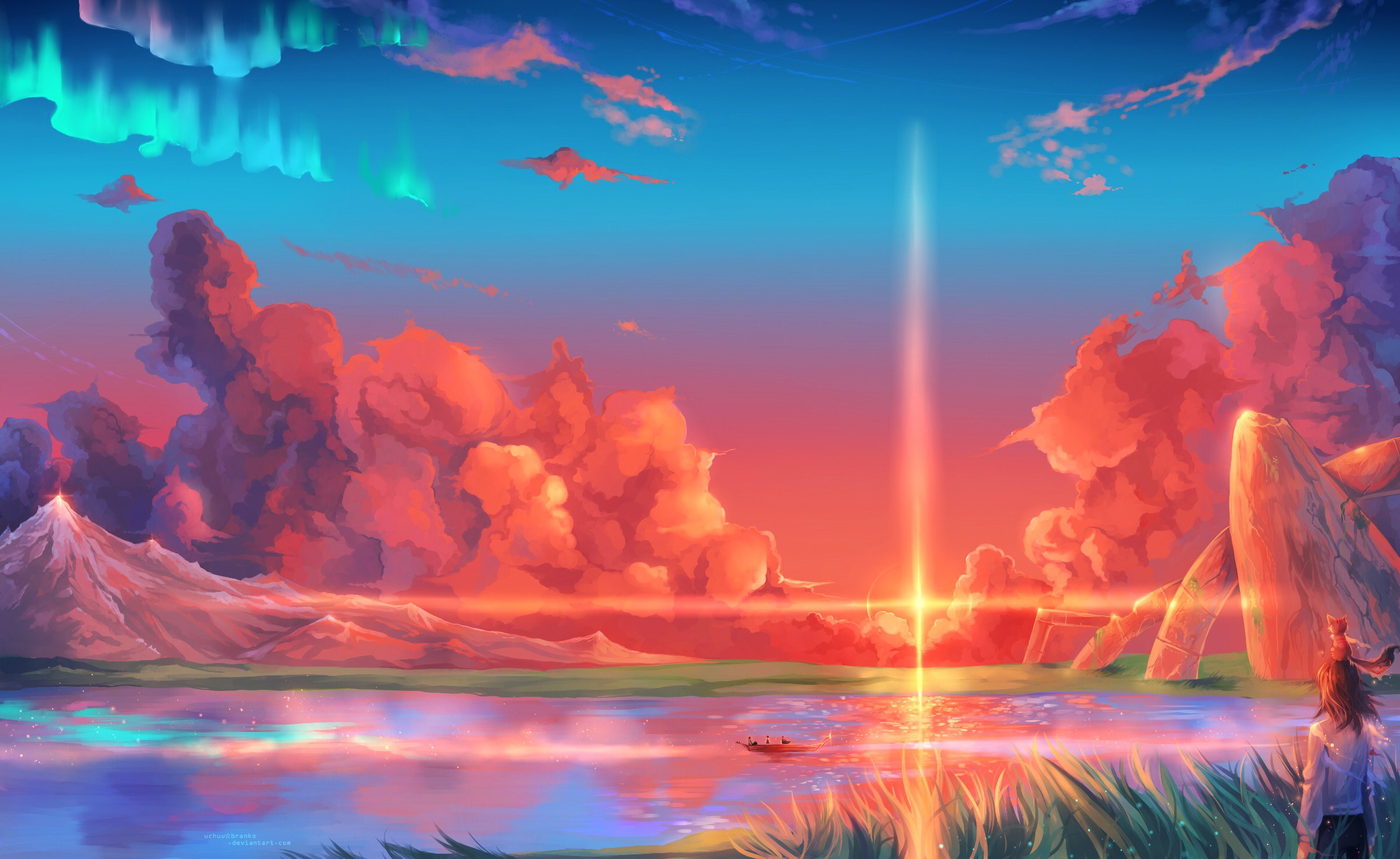 Anime Landscape with Aurora and Dramatic Clouds HD Wallpaper