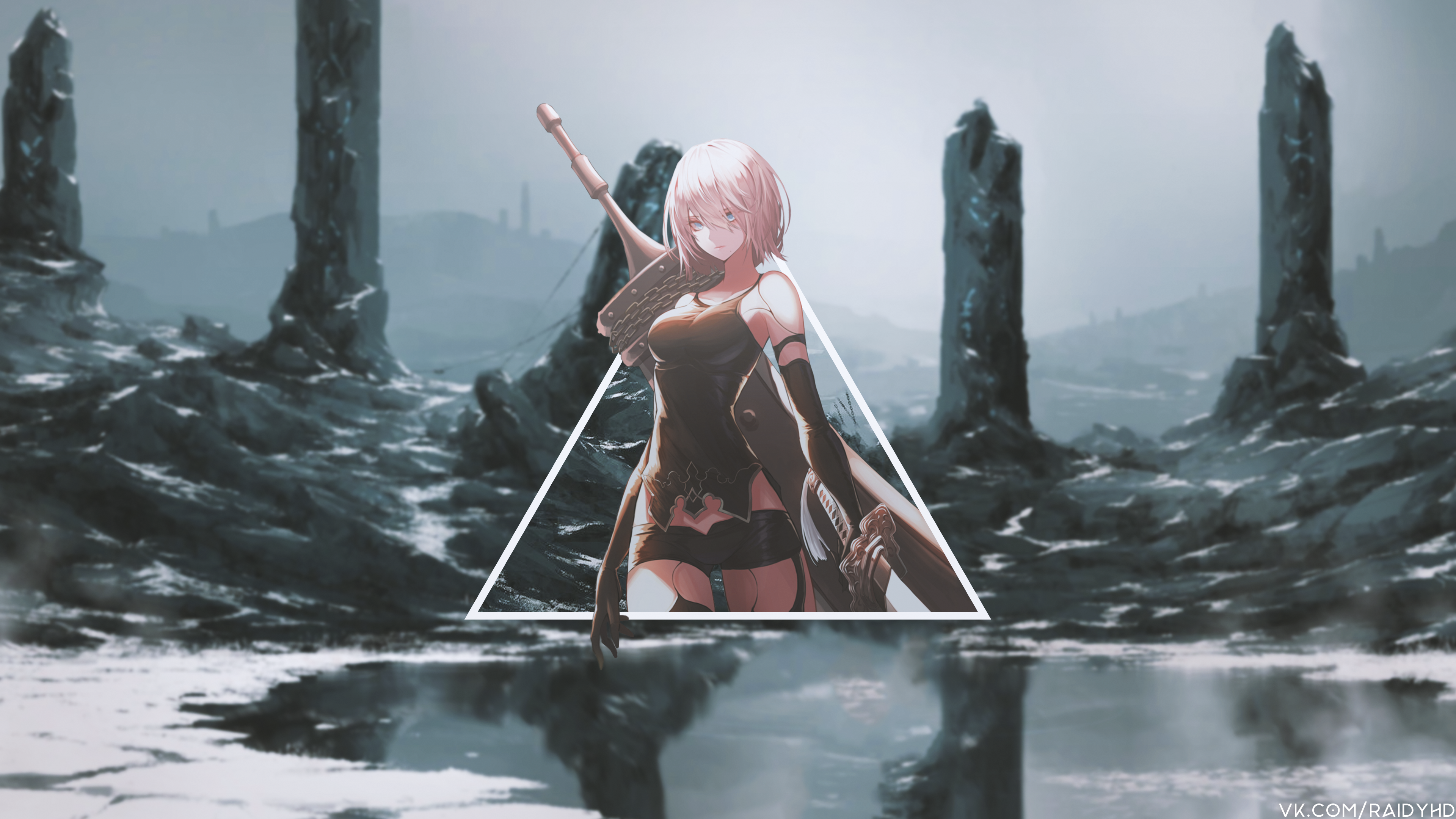 2B from Nier: Automata in a desolate landscape HD Wallpaper