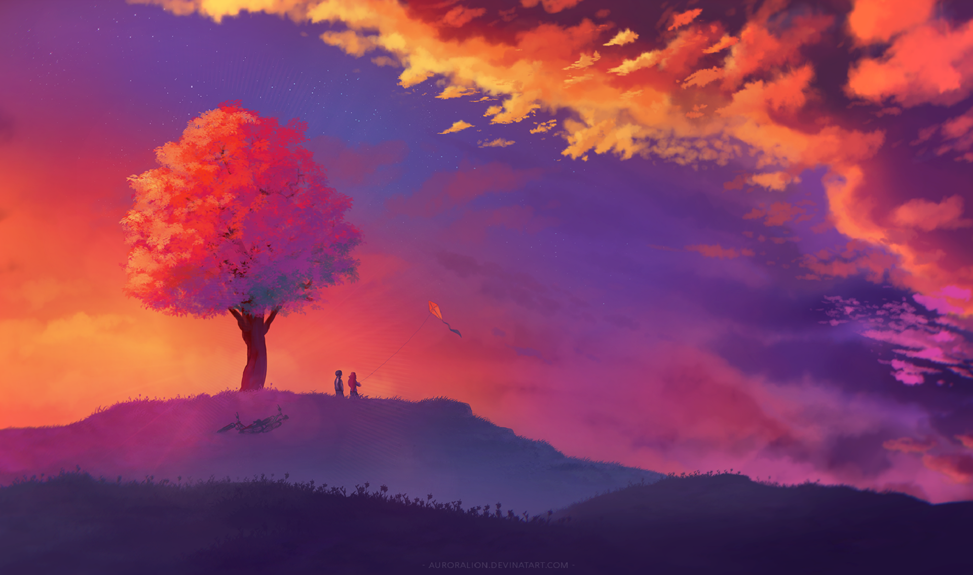 Children flying a kite under a colorful sunset sky HD Wallpaper