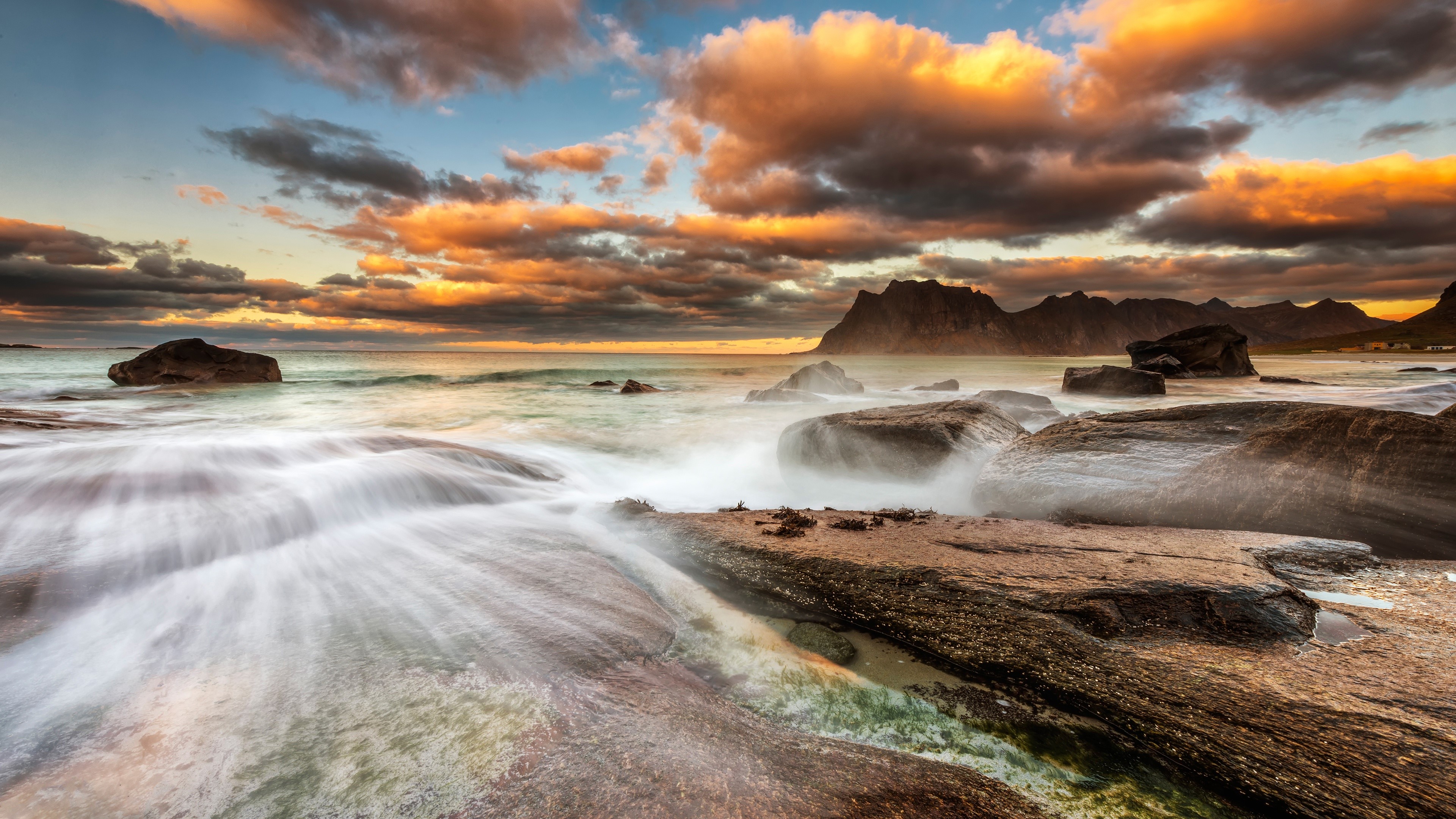 4K Sea Coast with Mountains and Clouds at Sunset HD Wallpaper