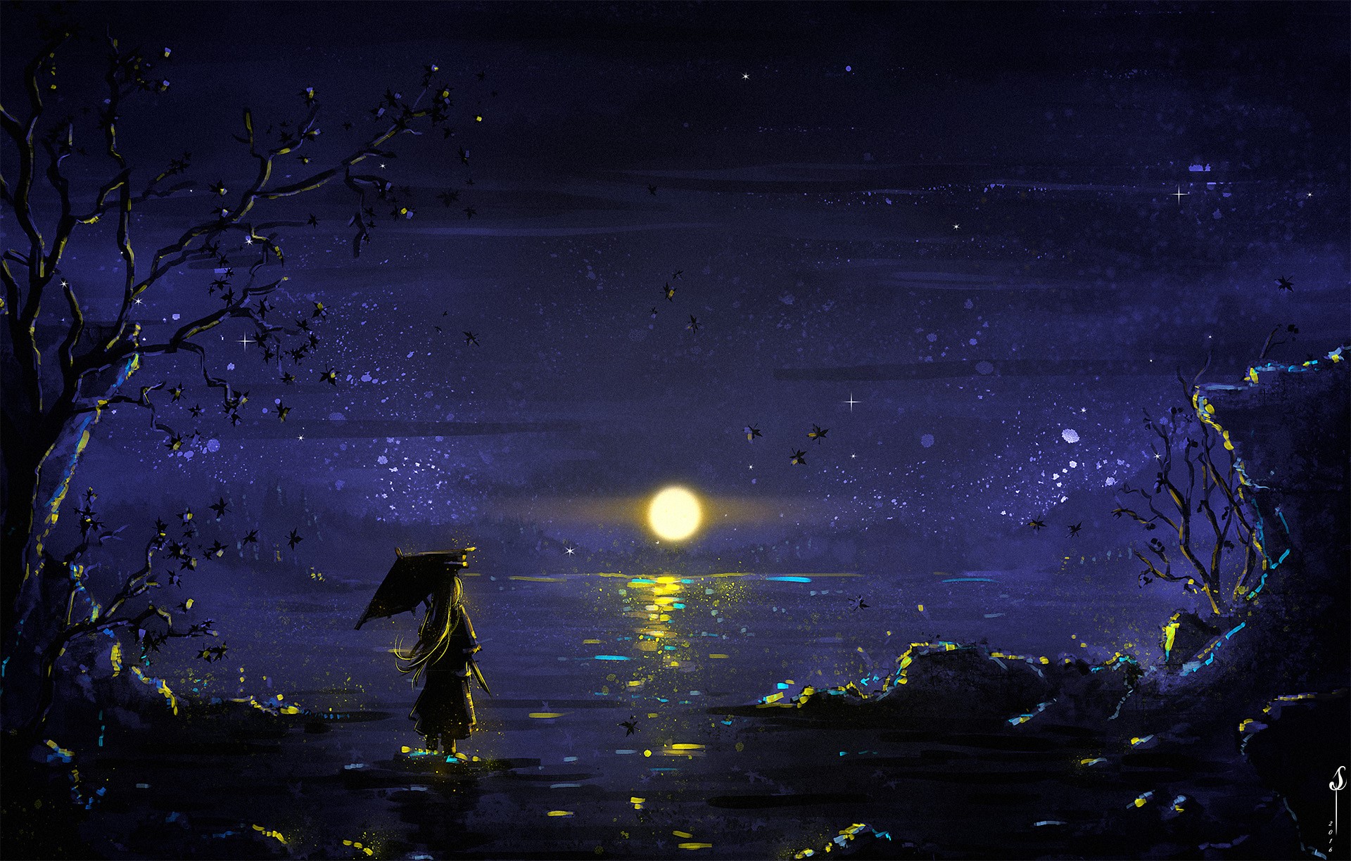 Woman with umbrella by moonlit lagoon HD Wallpaper