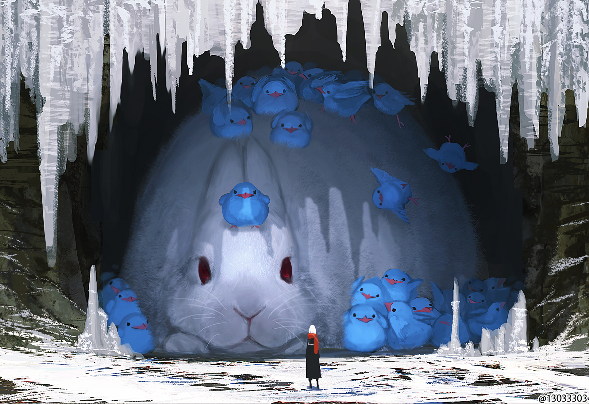 Giant rabbit with blue birds in icy cave HD Wallpaper