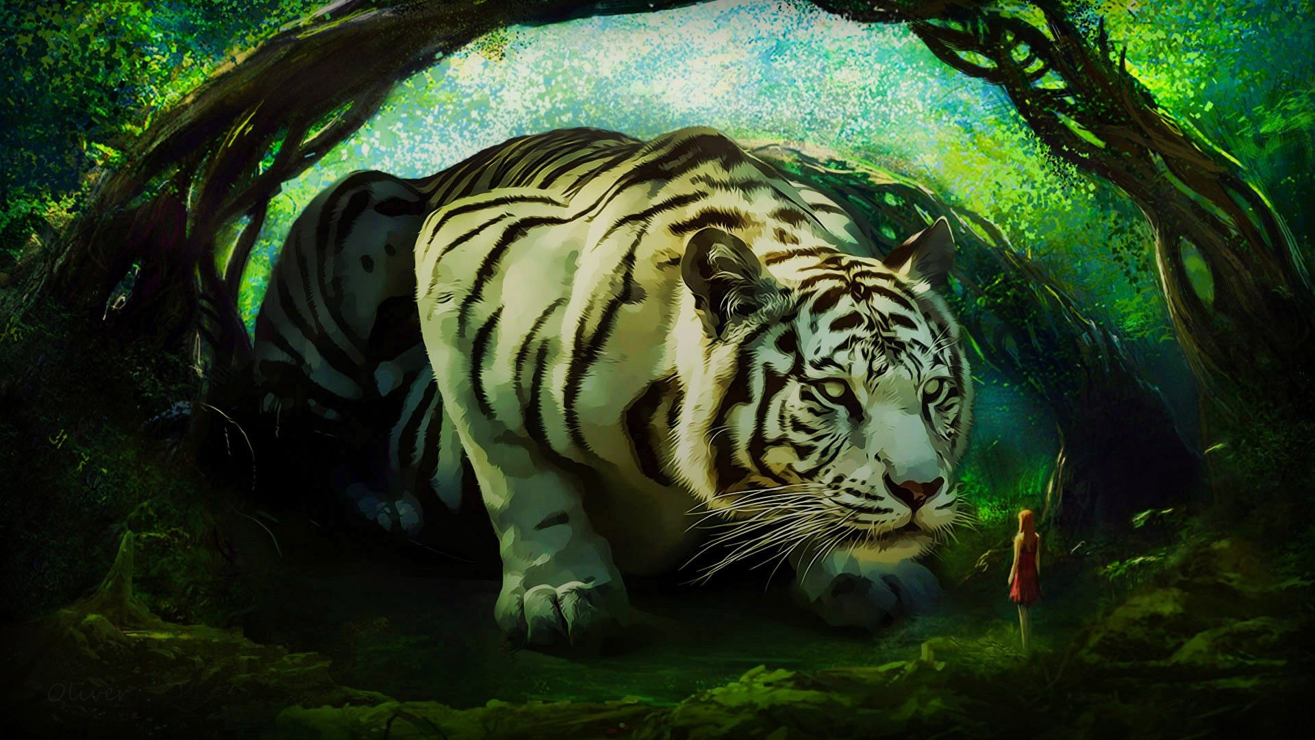 Giant white tiger in a dark green forest with a small girl HD Wallpaper