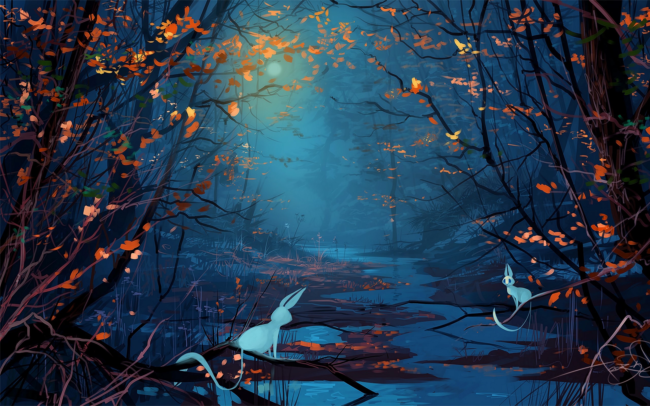 Two ethereal creatures in a mystical forest at night HD Wallpaper
