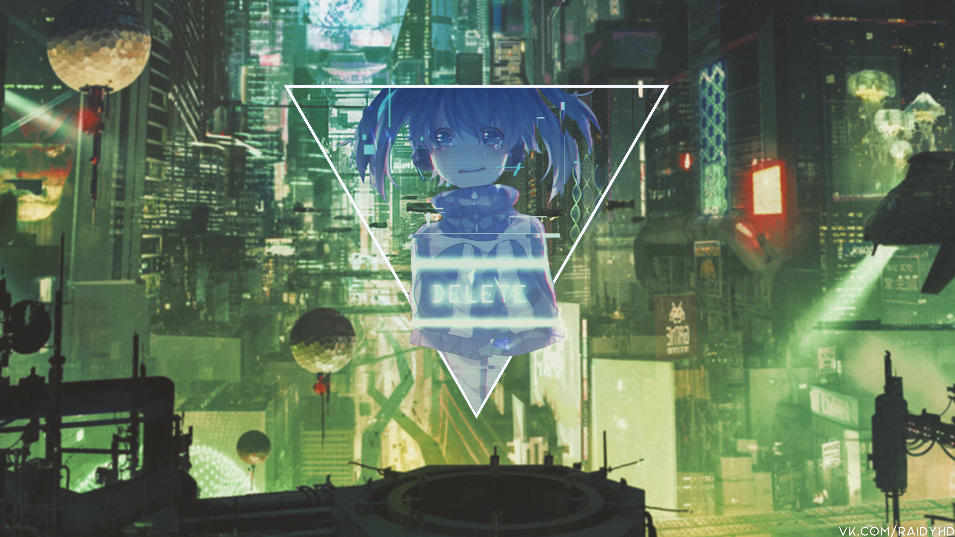 Anime girl with "DELETE" text in a futuristic city HD Wallpaper