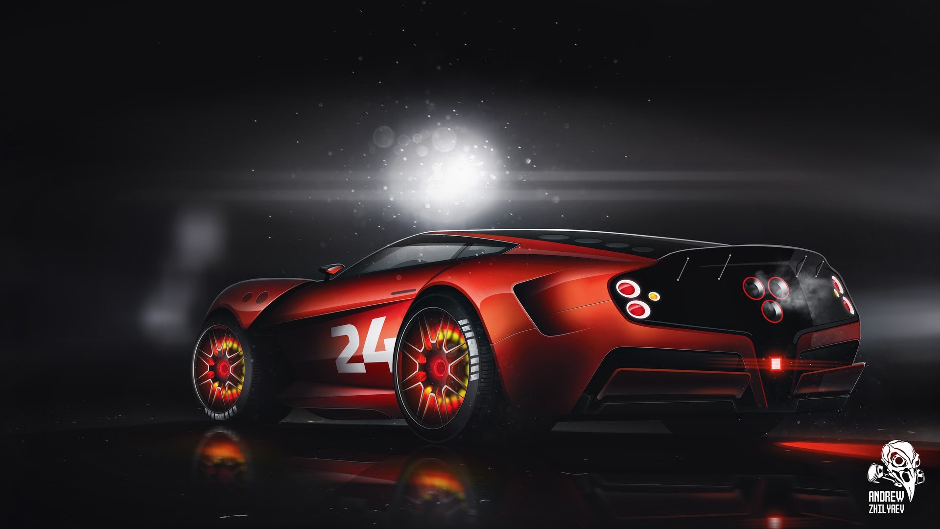 Red sports car with number 24 on a dark background HD Wallpaper