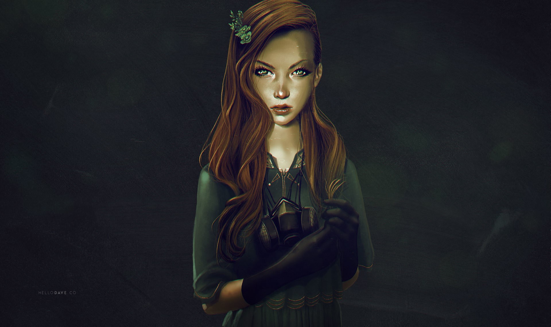 Digital art of a redhead woman with a gas mask HD Wallpaper