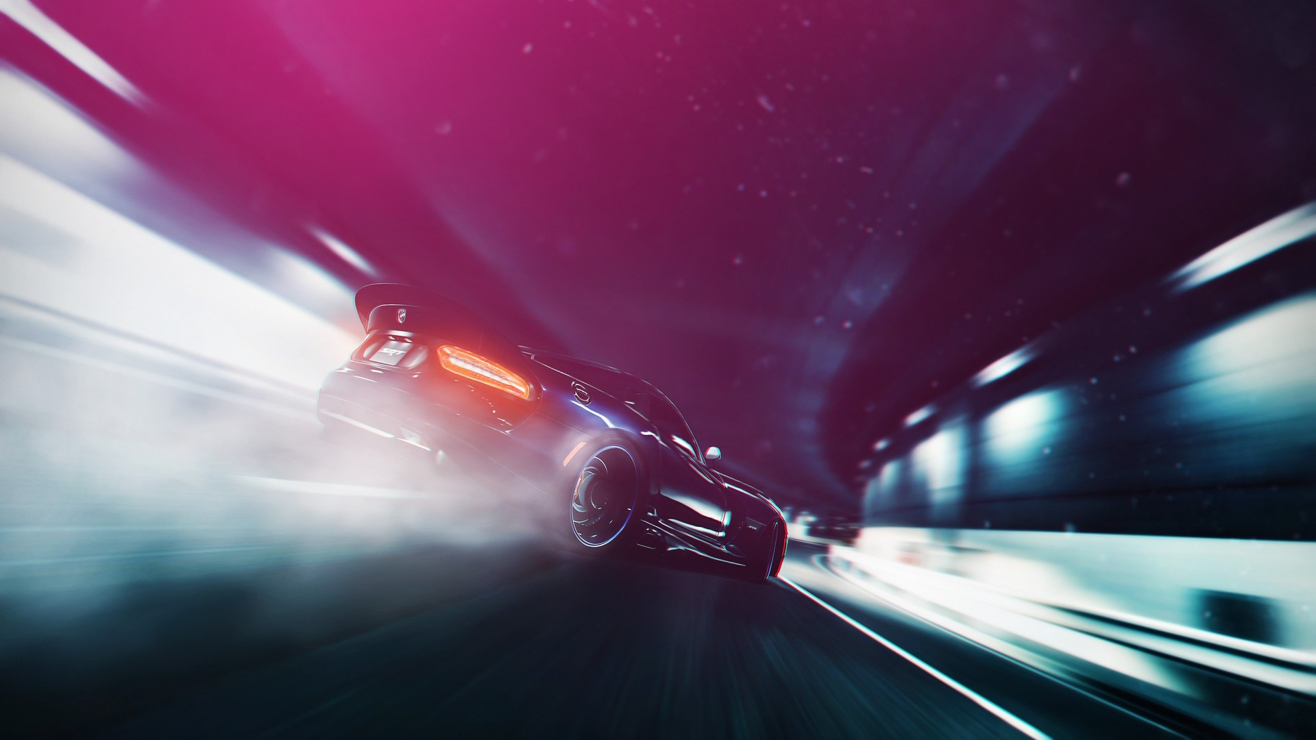 Dark blue Dodge Viper driving through a tunnel HD Wallpaper