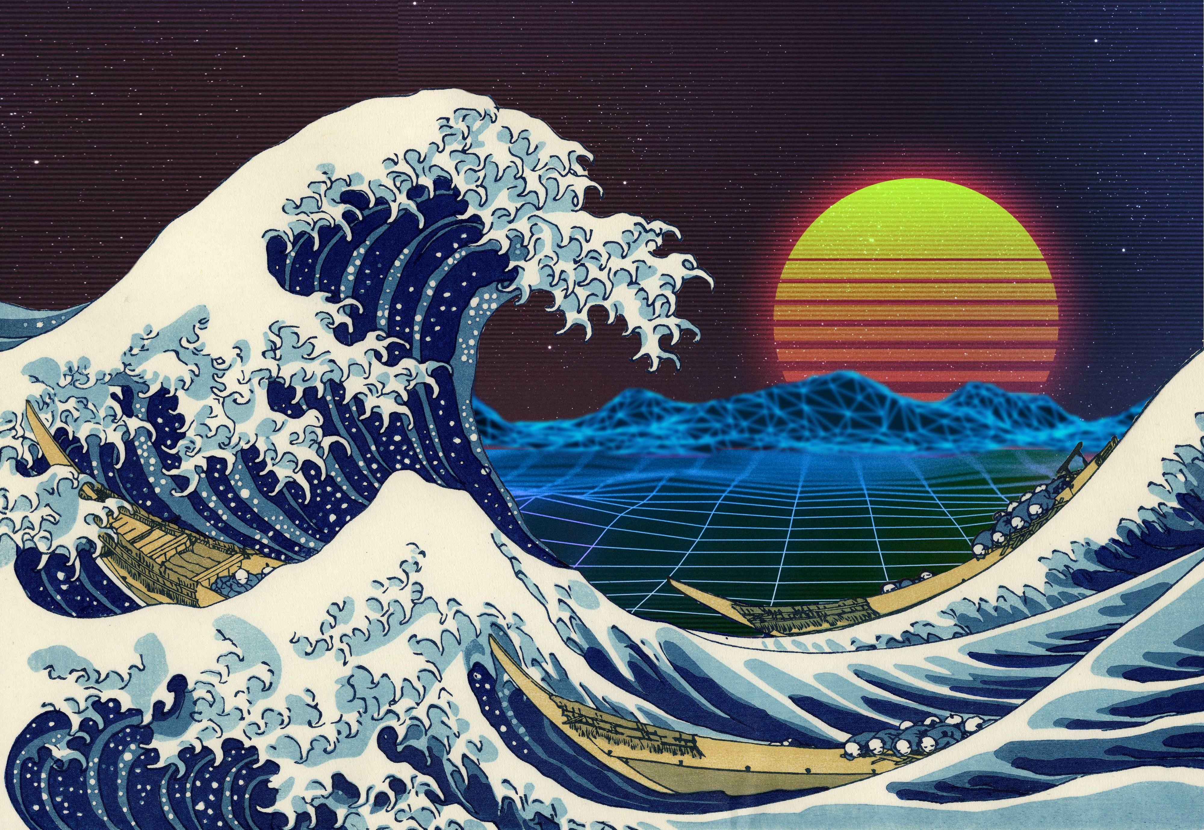 The Great Wave off Kanagawa Retrowave Sunset HD Wallpaper