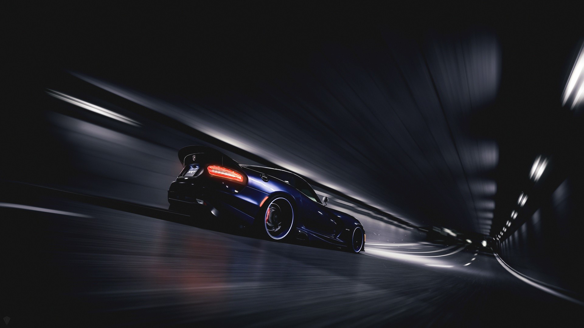 Blue Dodge Viper driving through a dark tunnel HD Wallpaper