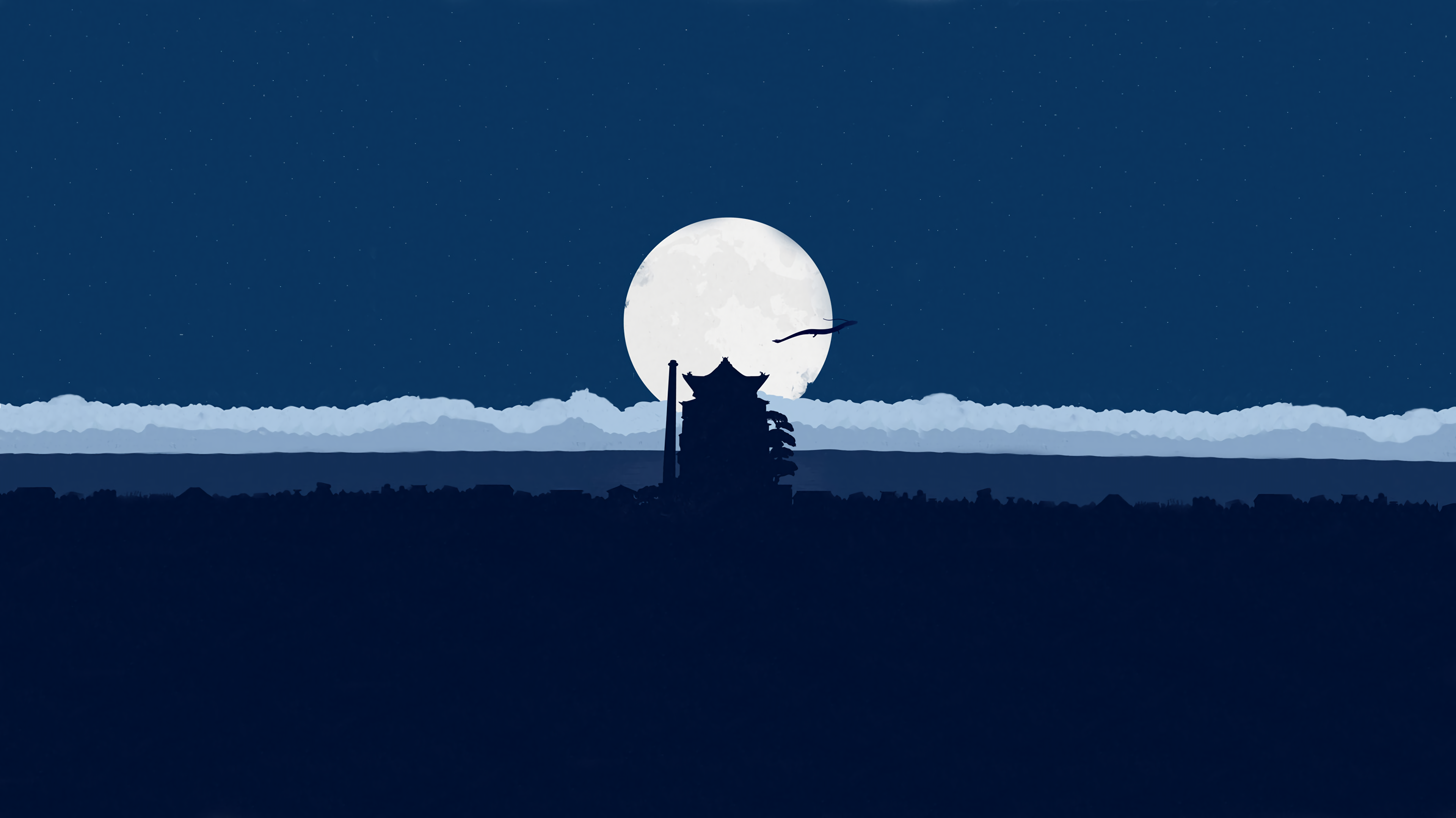 Minimalist Anime Landscape with Moon and Pagoda HD Wallpaper
