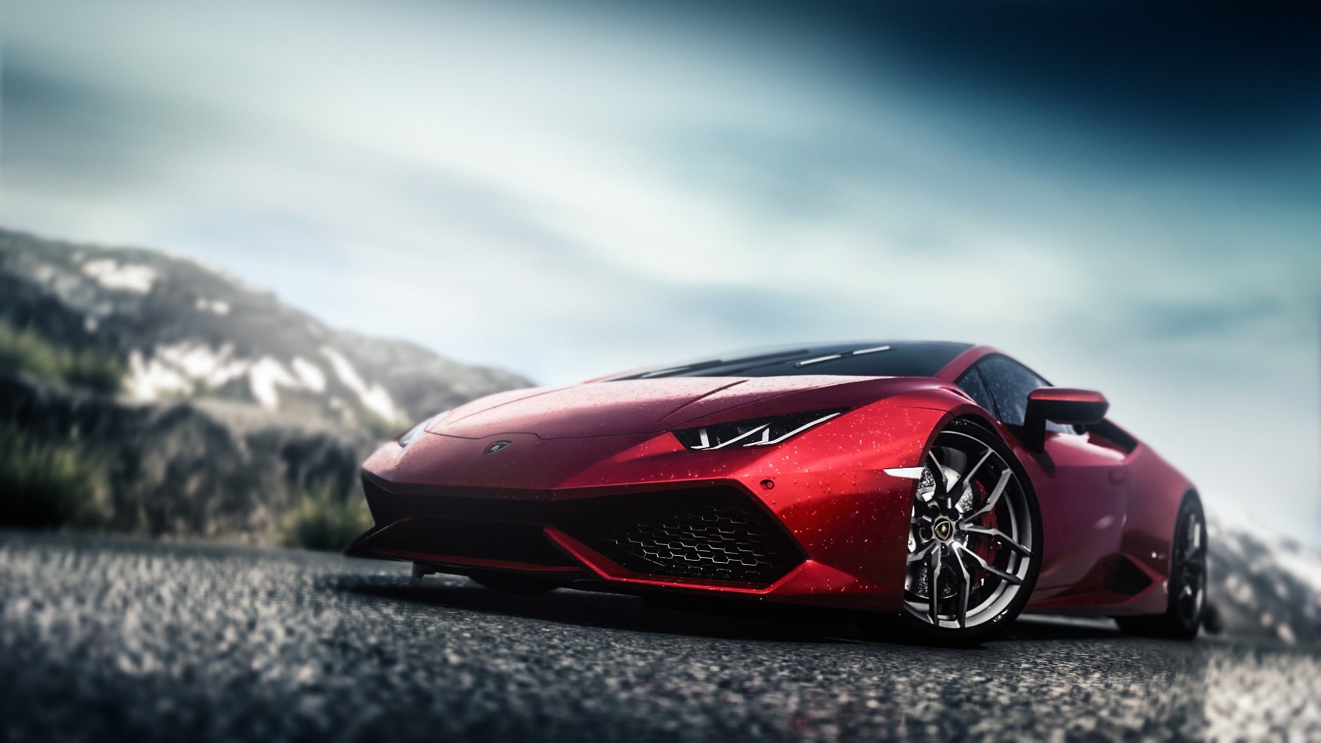 Red Lamborghini Huracan on a wet road HD Wallpaper