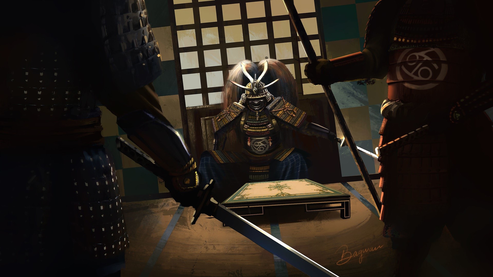 Samurai in armor sitting at a table with guards HD Wallpaper