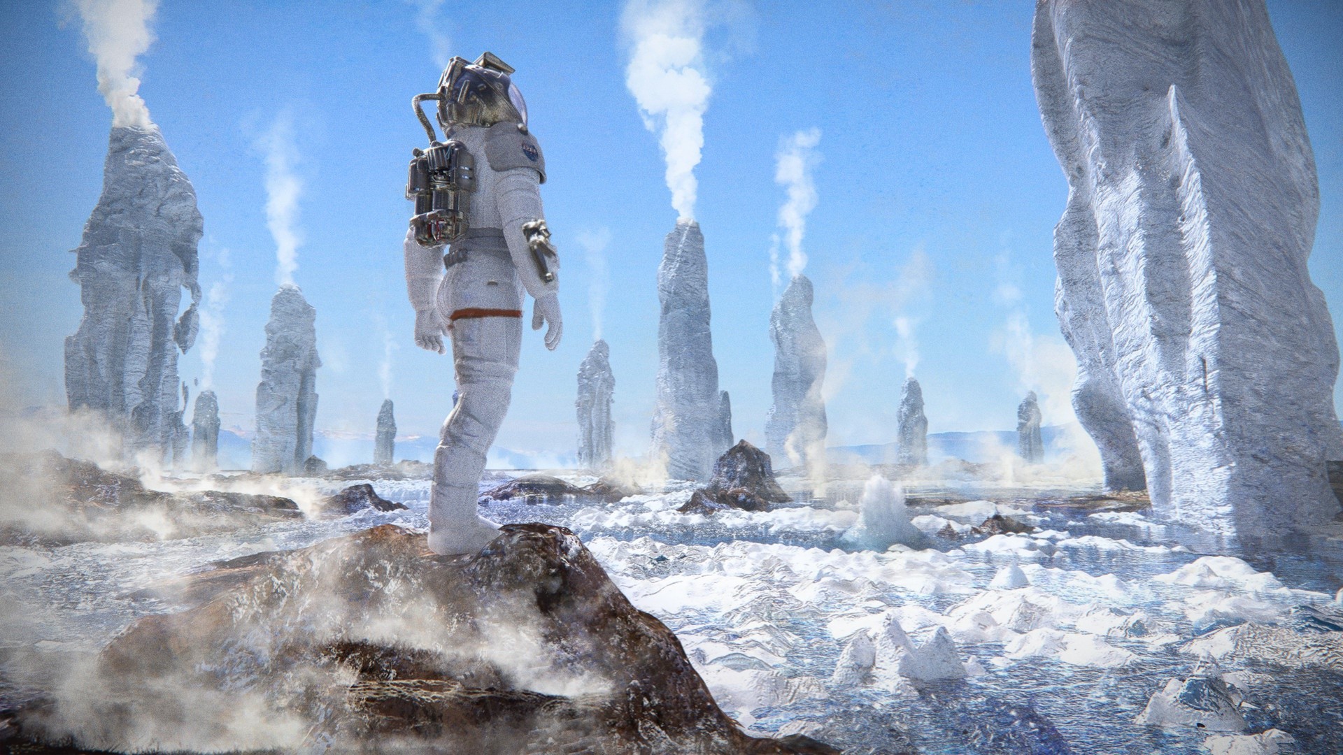 Astronaut on an alien planet with geysers HD Wallpaper