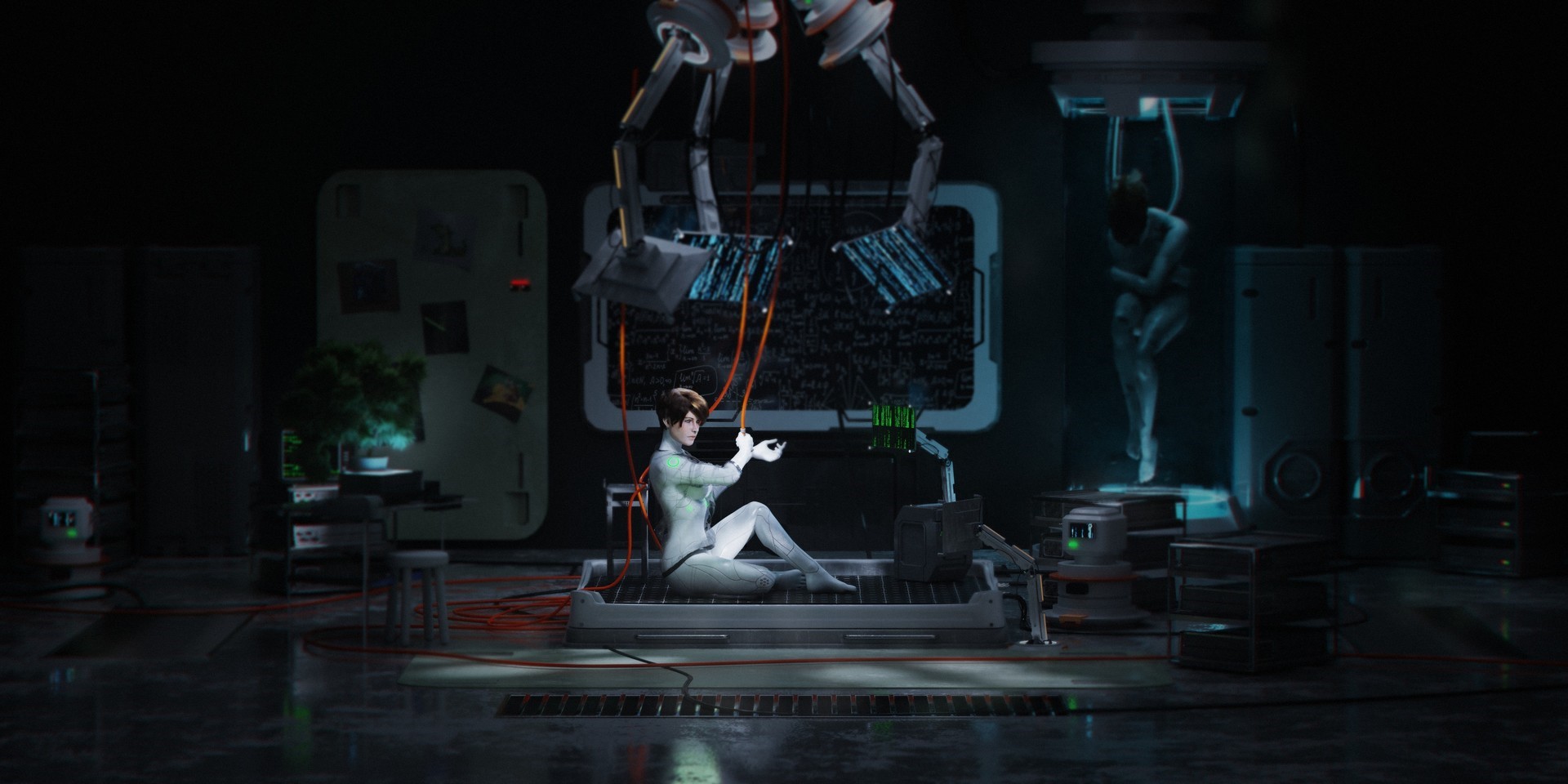 Futuristic laboratory with cyborg and robotic arms HD Wallpaper