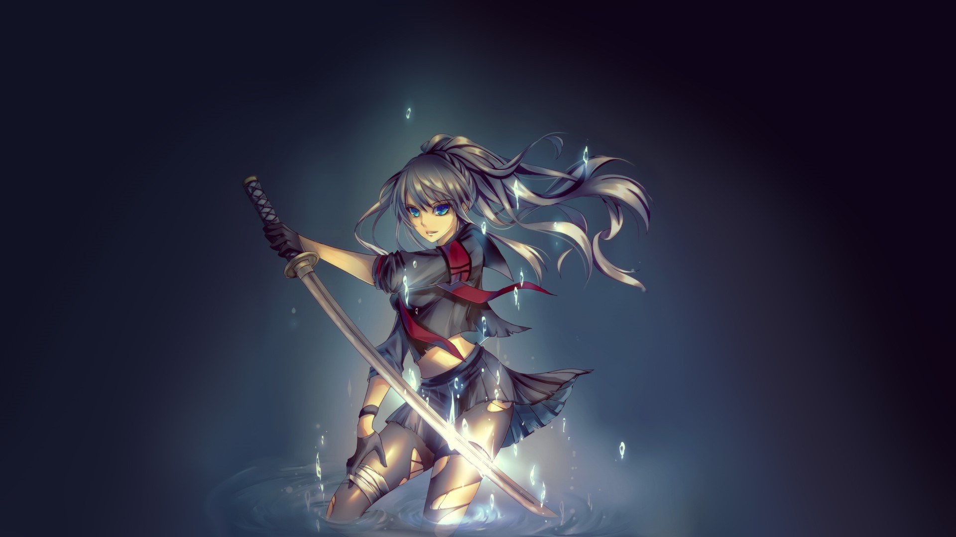 Anime girl with sword in water HD Wallpaper