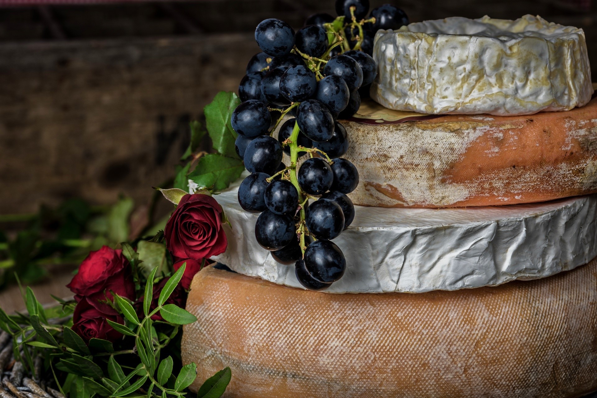 Still life with cheese, grapes, and roses HD Wallpaper