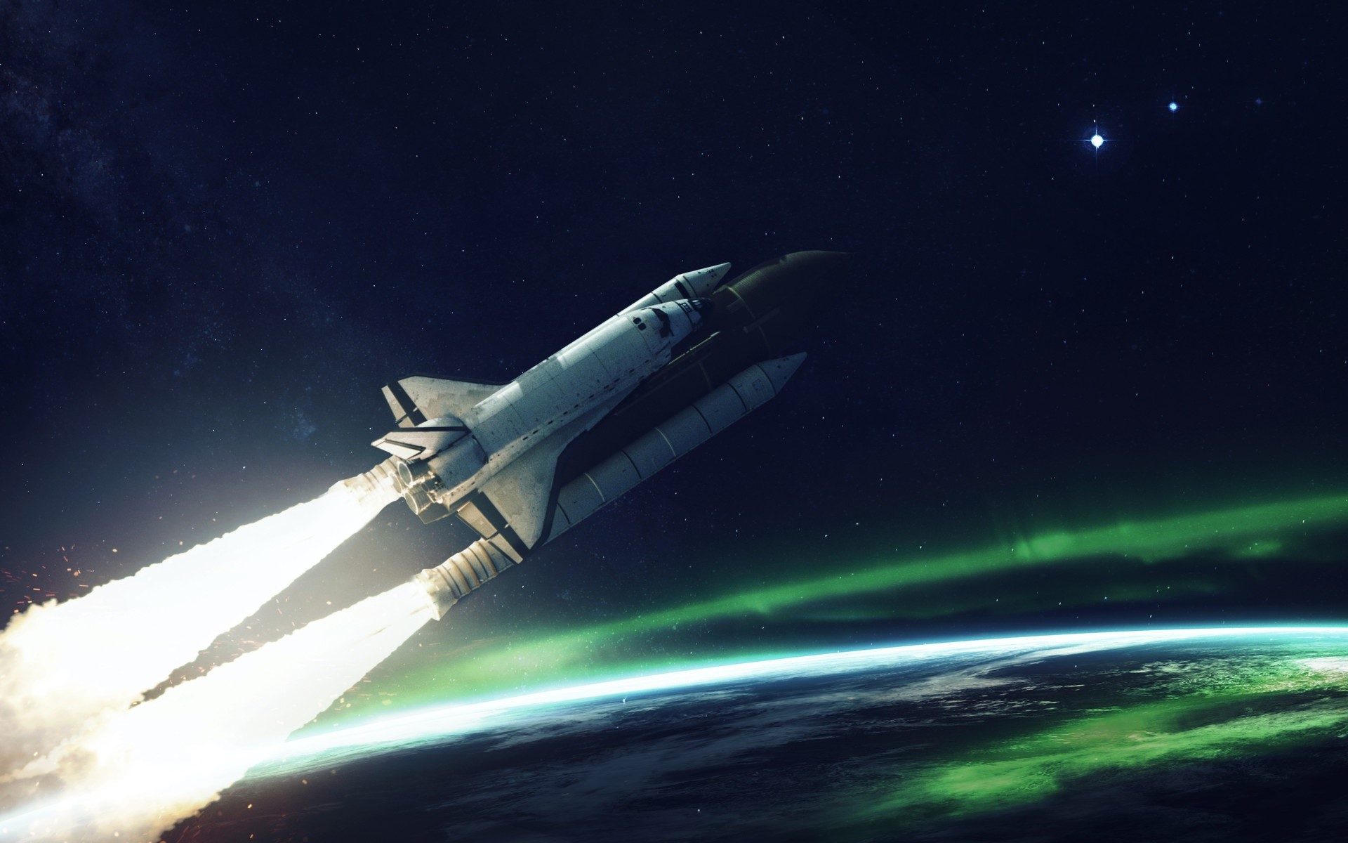 Space Shuttle Launching Over Earth with Aurora HD Wallpaper
