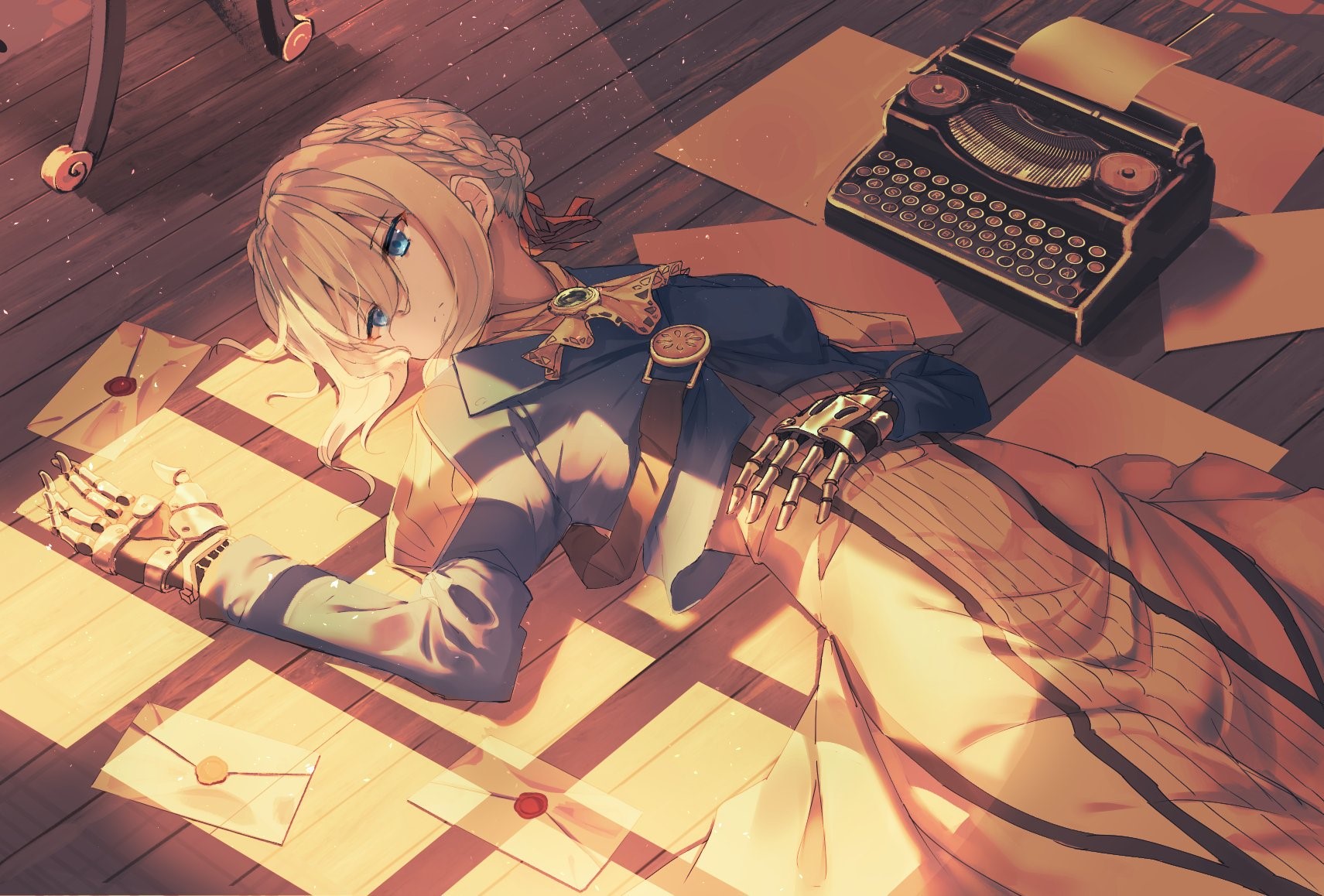 Violet Evergarden lying on the floor with letters and typewriter HD Wallpaper