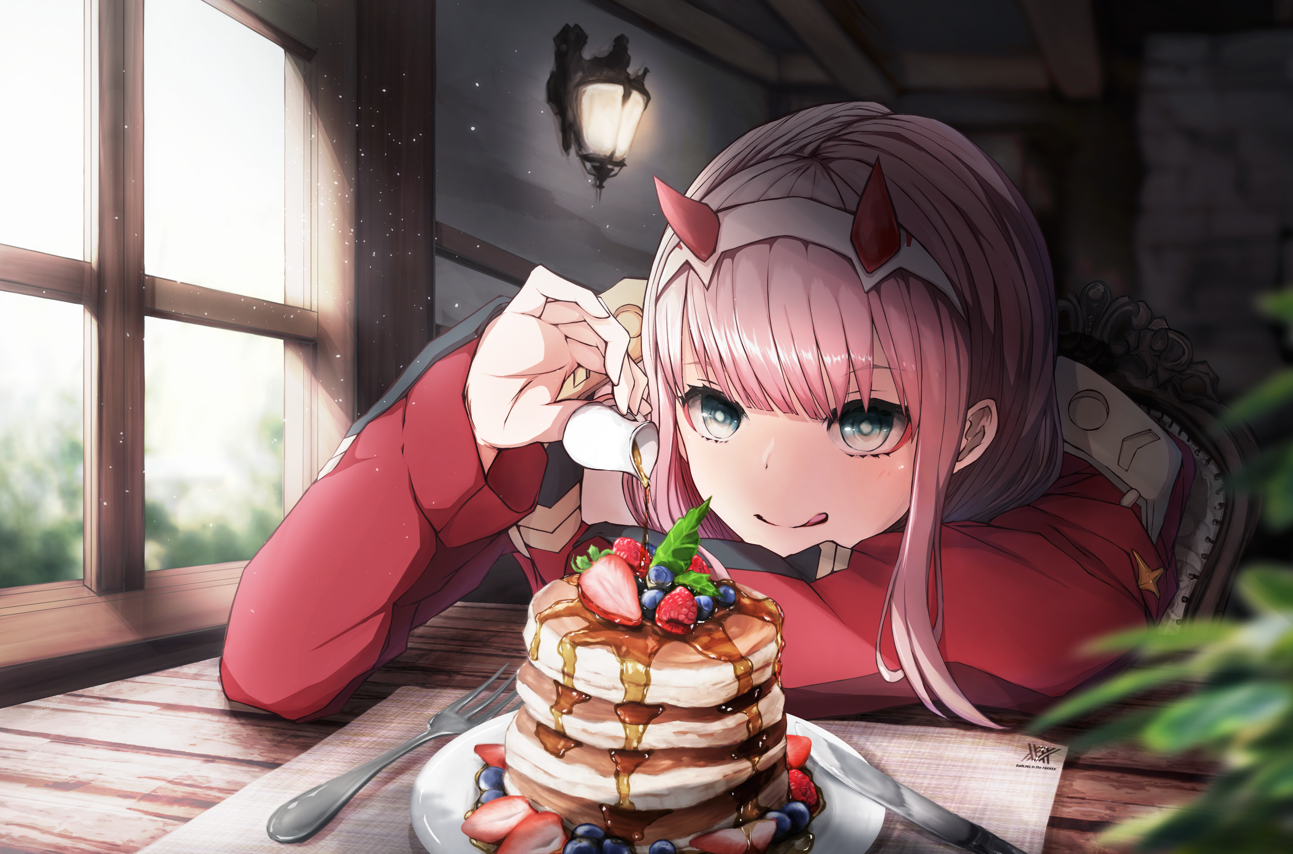 Zero Two from Darling in the FranXX eating pancakes HD Wallpaper