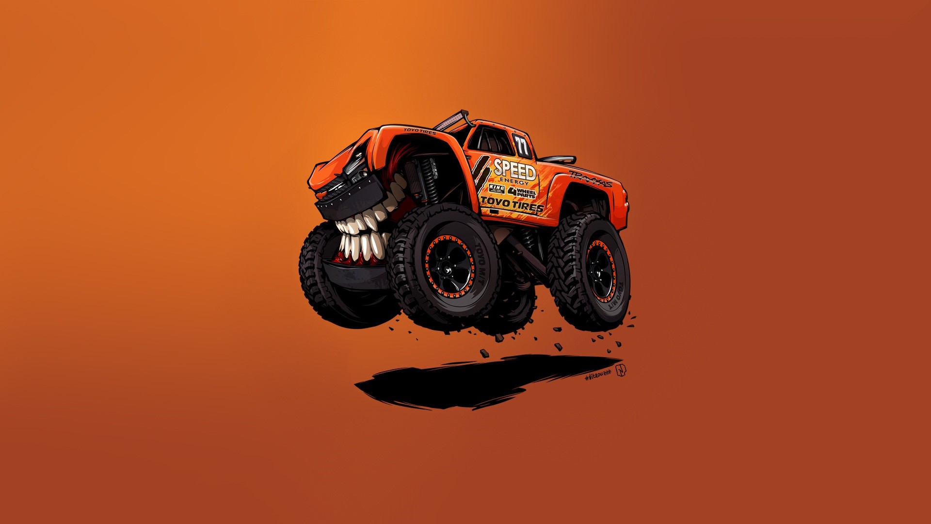 Orange monster truck with teeth jumping HD Wallpaper