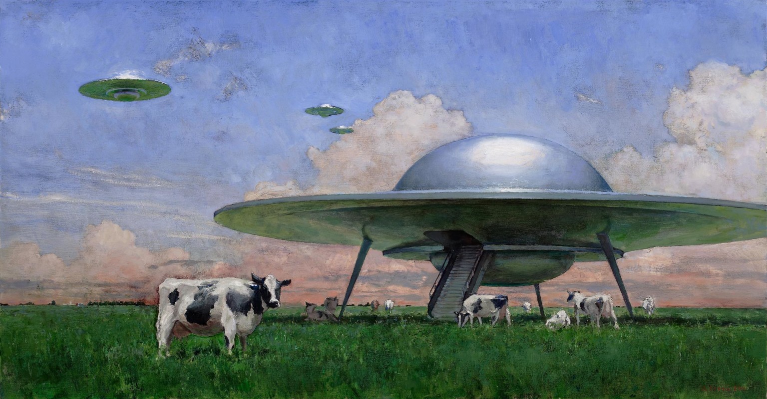 John Brosio UFO and Cows Oil Painting HD Wallpaper