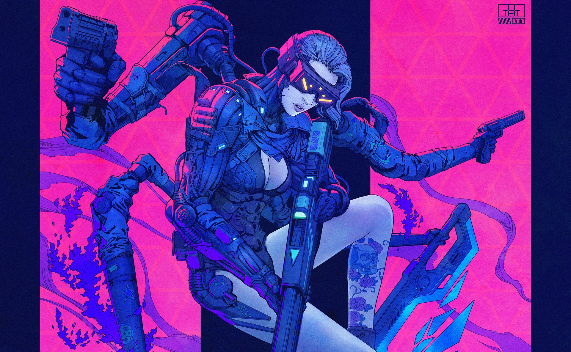 Cyberpunk woman with exoskeleton and weapons HD Wallpaper