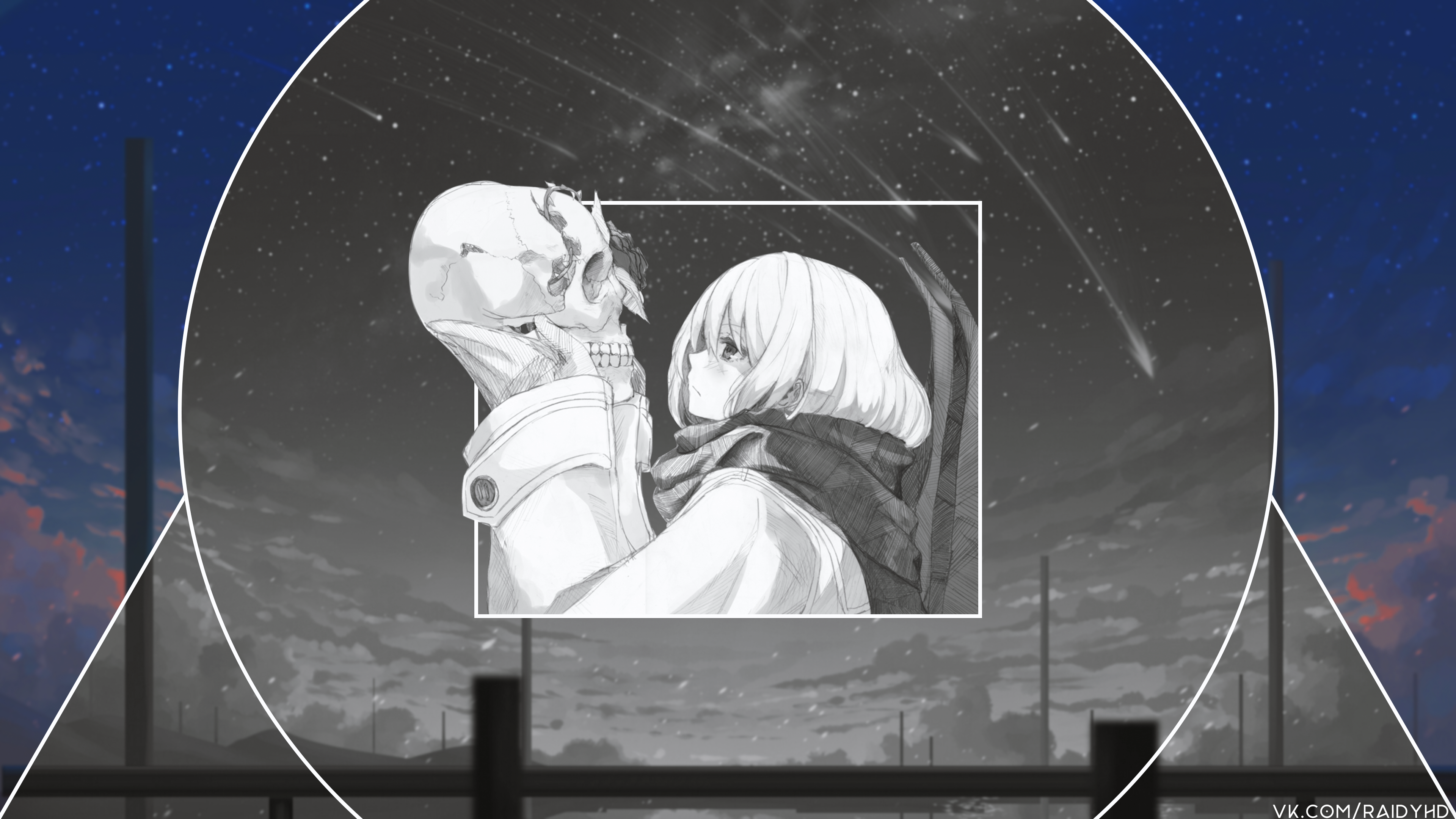 Anime girl with skull, night sky HD Wallpaper