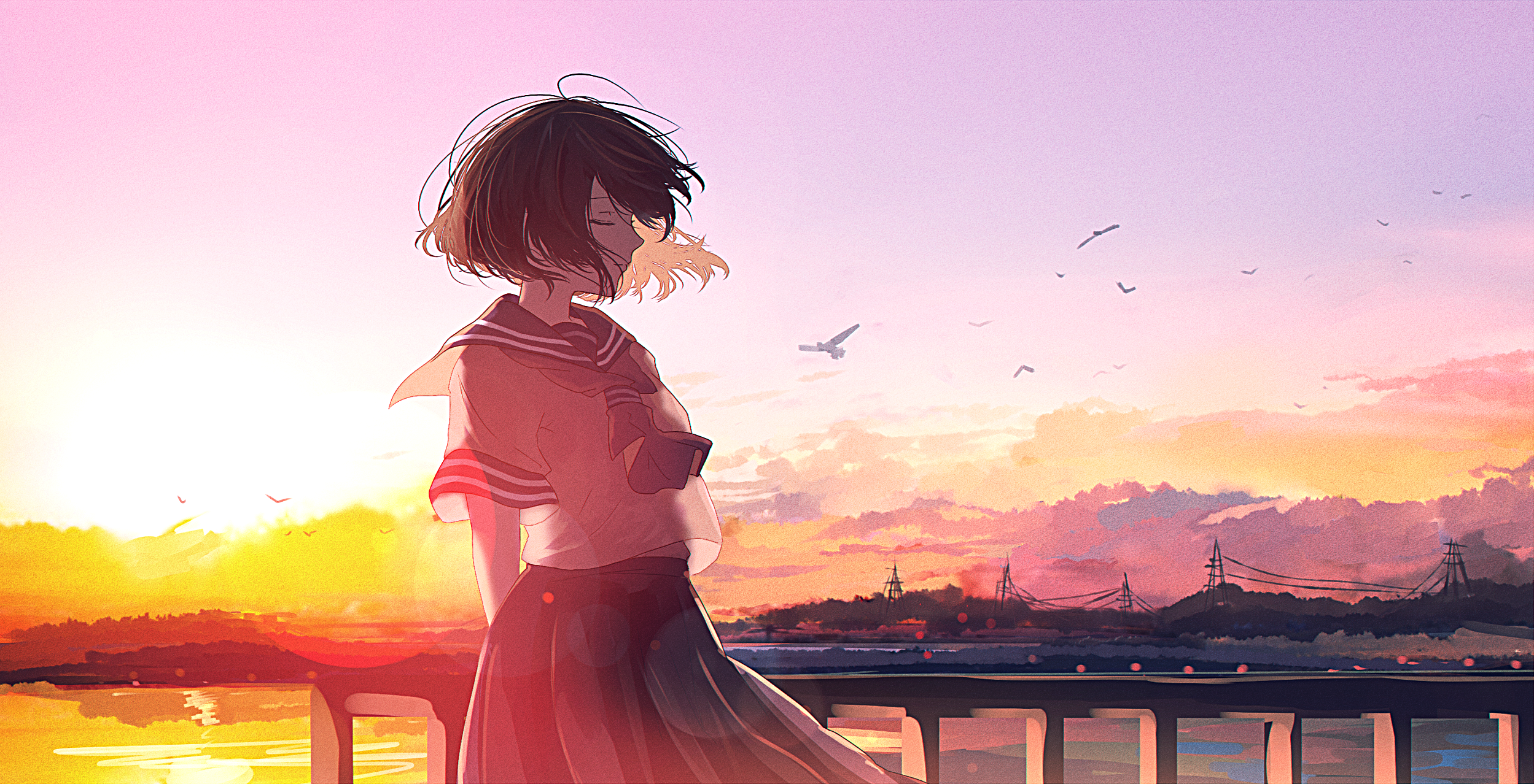 Anime girl with dark hair at sunset HD Wallpaper