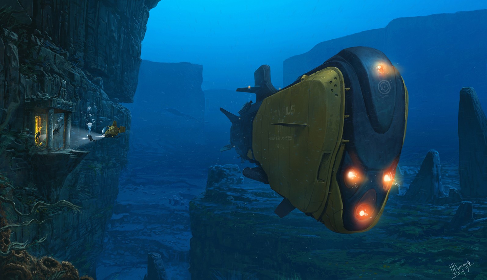 Submarine exploring underwater ruins HD Wallpaper