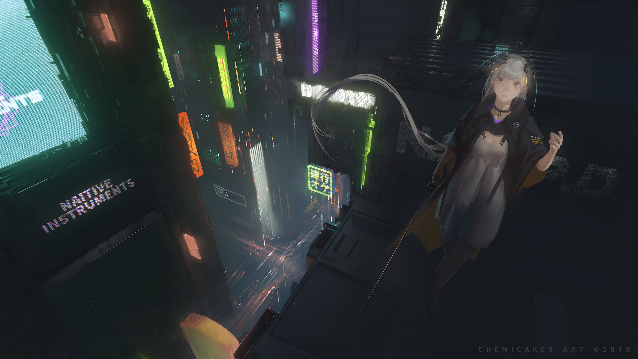 Anime girl in cyberpunk city with neon lights HD Wallpaper